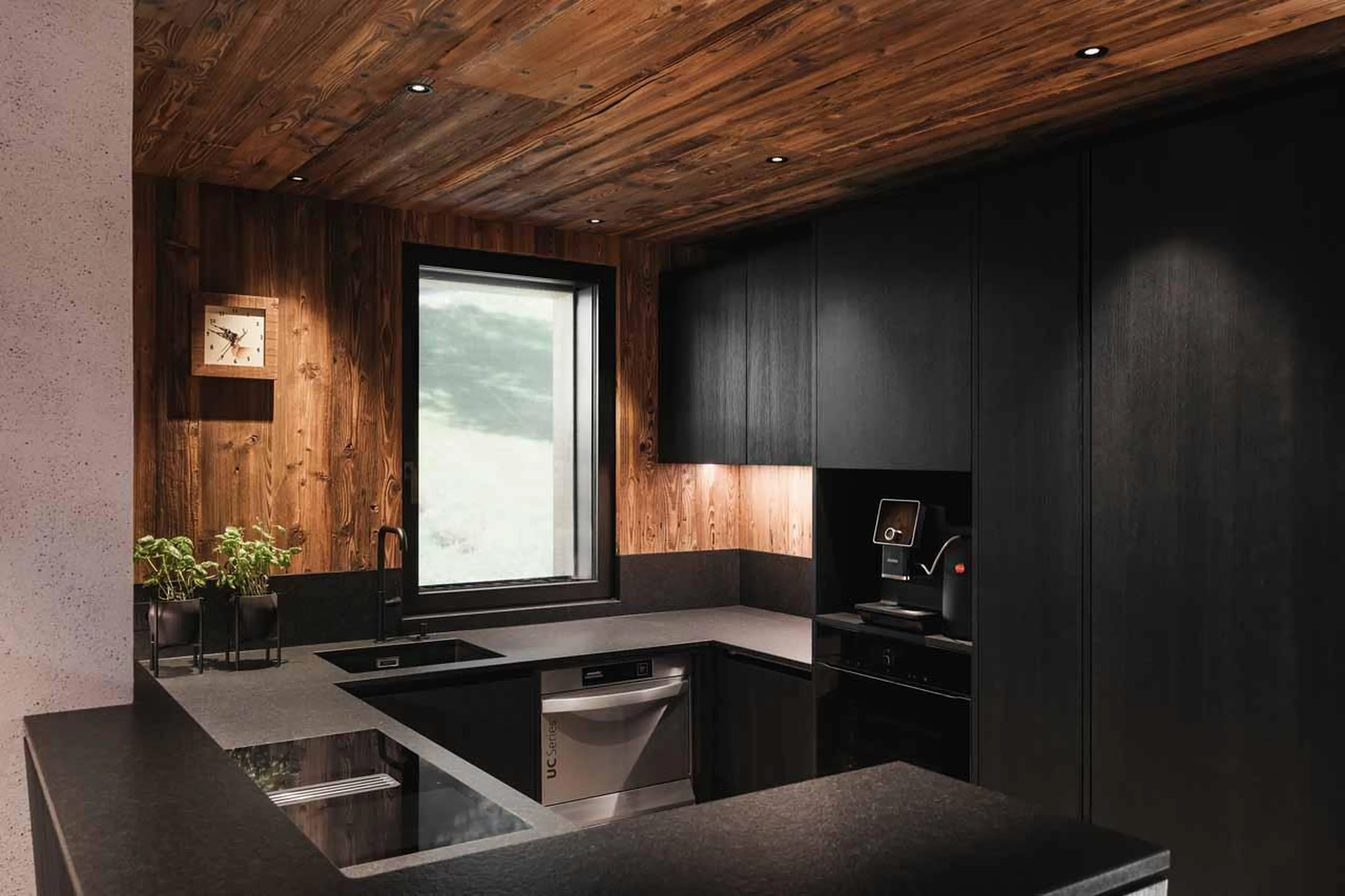 Open-plan kitchen at Chalet Lum d'Or in Val Gardena