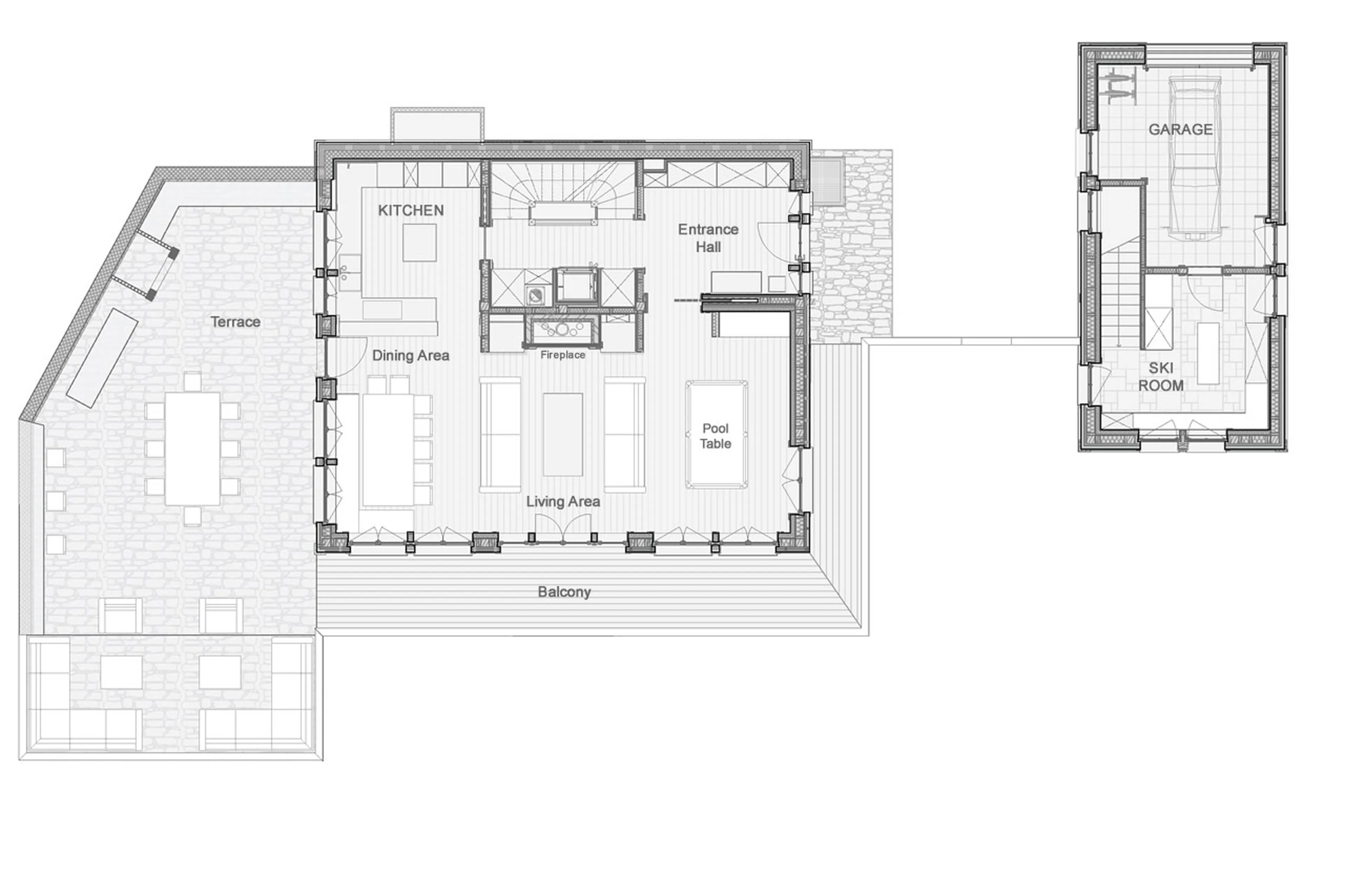 Level 0 floor plan of Chalet Lycka in Saas Fee