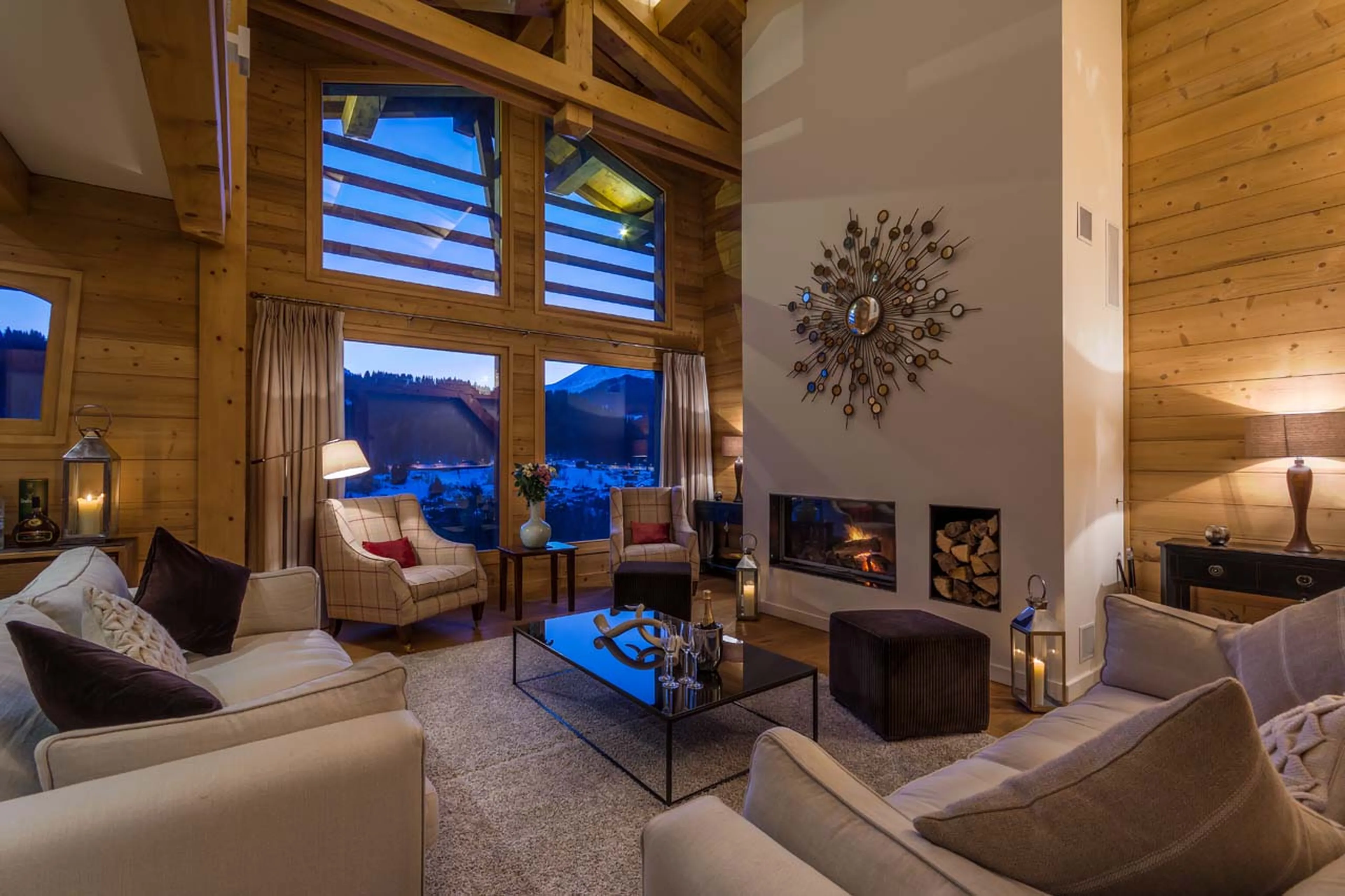 Living room of Chalet M in Morzine at night