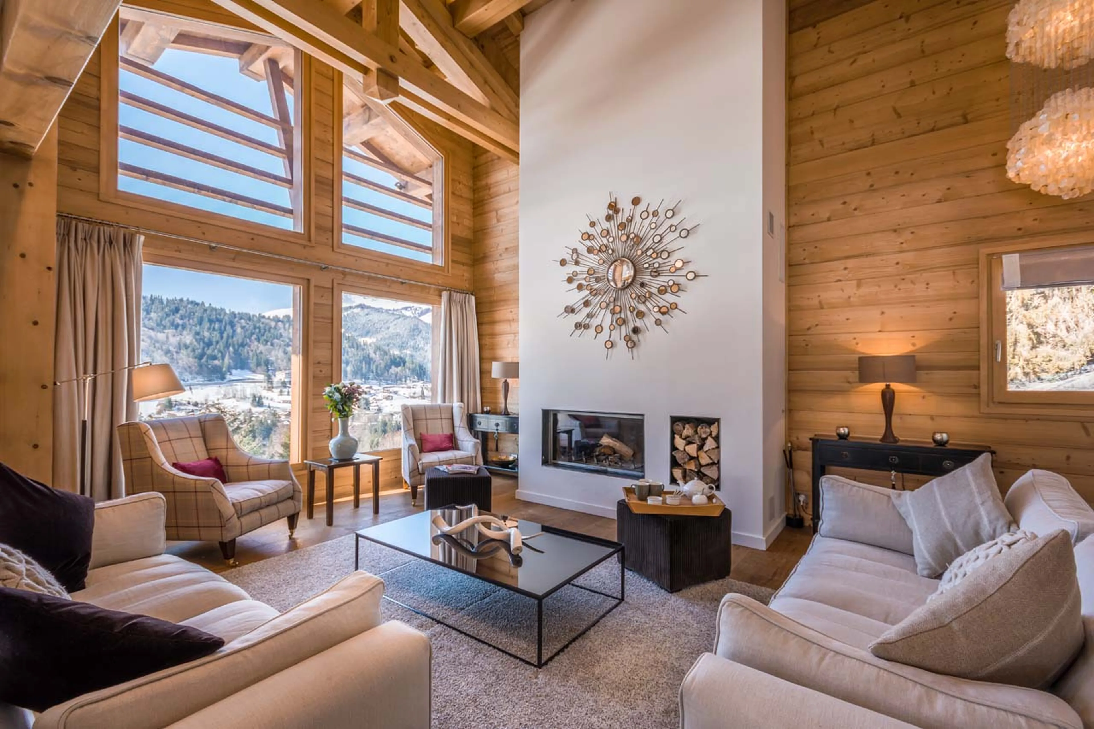 Double-height living room at Chalet M in Morzine
