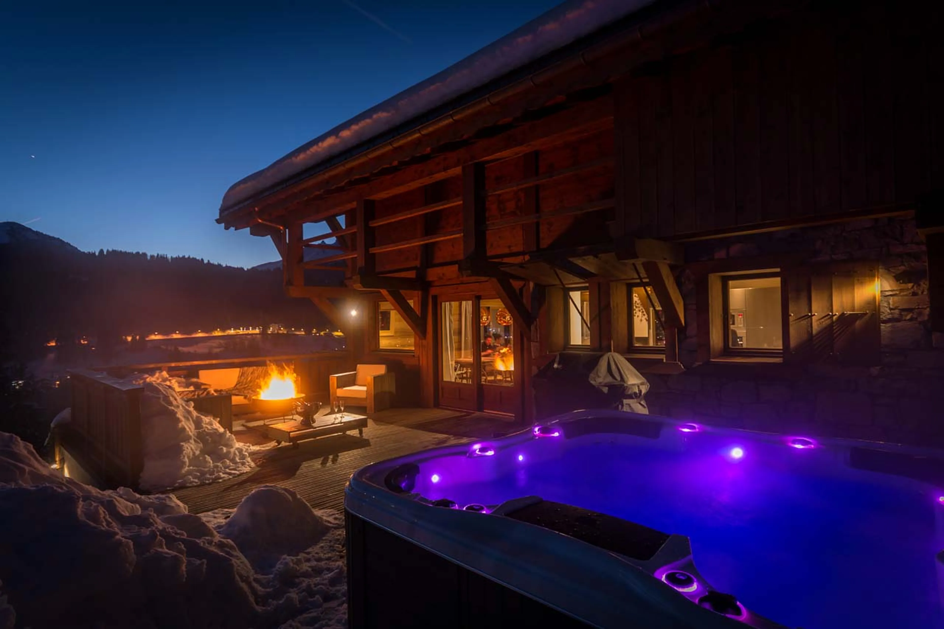 Outdoor hot tub and terrace at Chalet M in Morzine