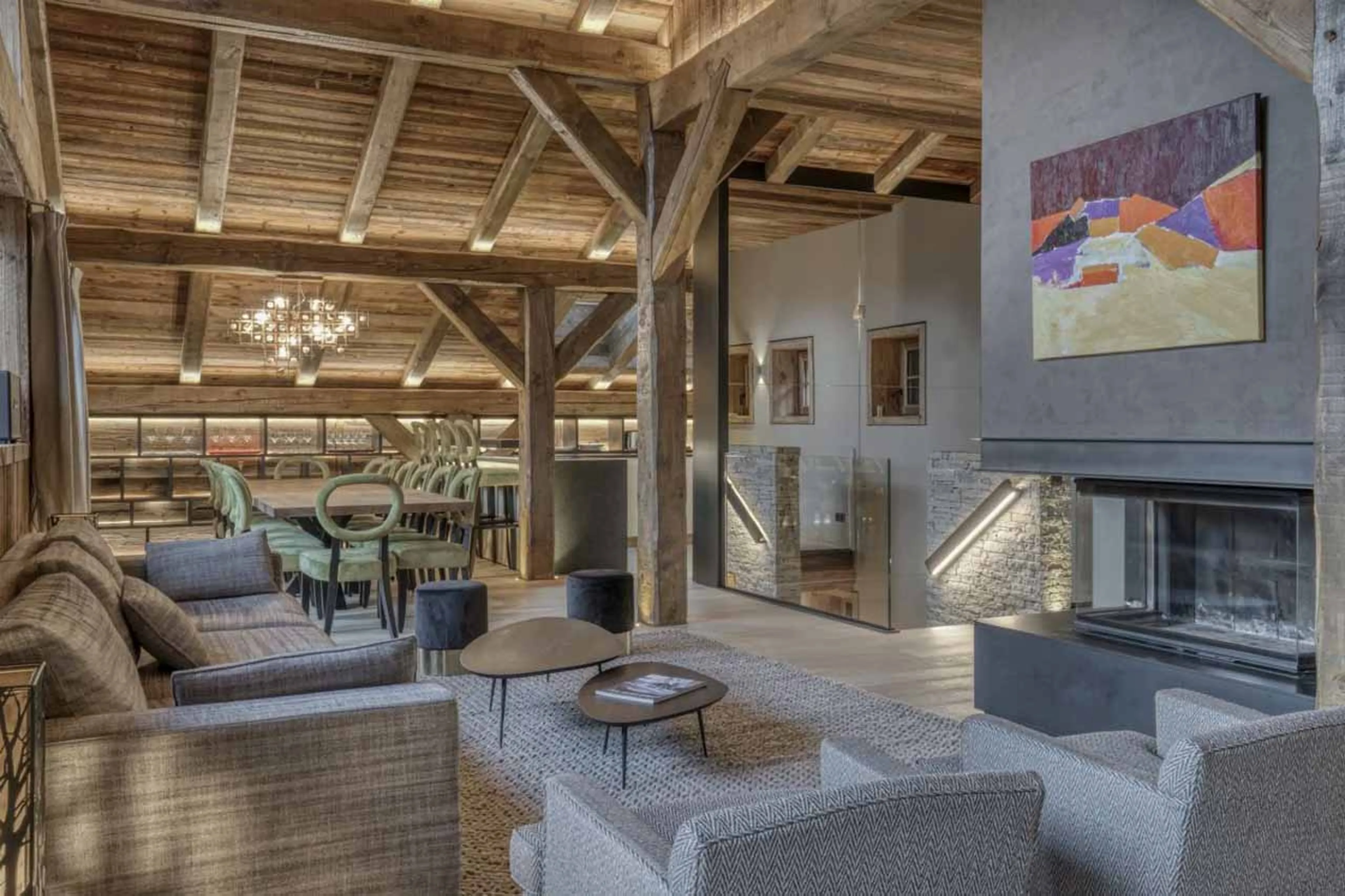 Living area fireplace at Chalet Maier in Megeve