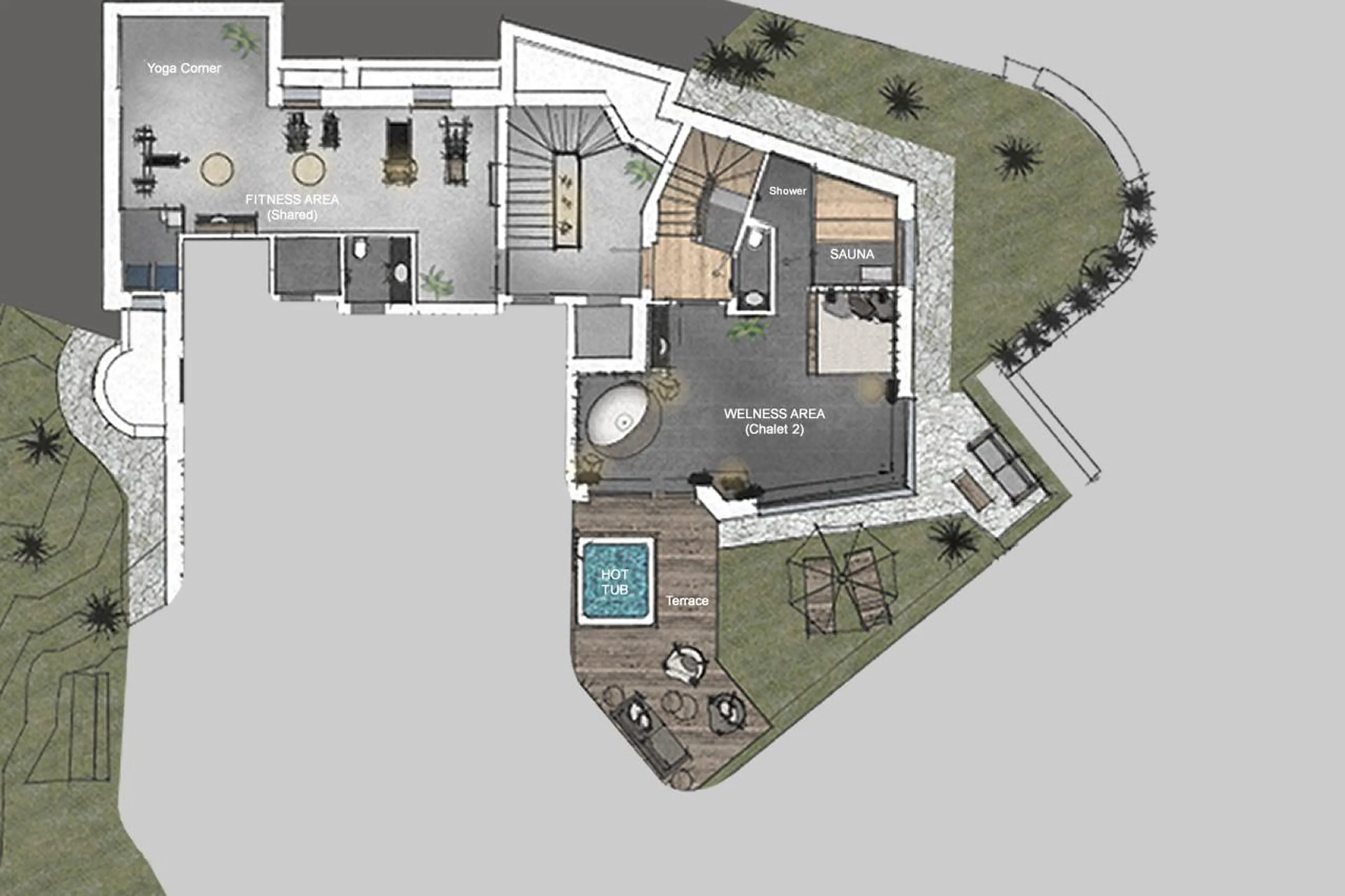Level 0 floor plans of Chalet Mile 2 in Val Gardena