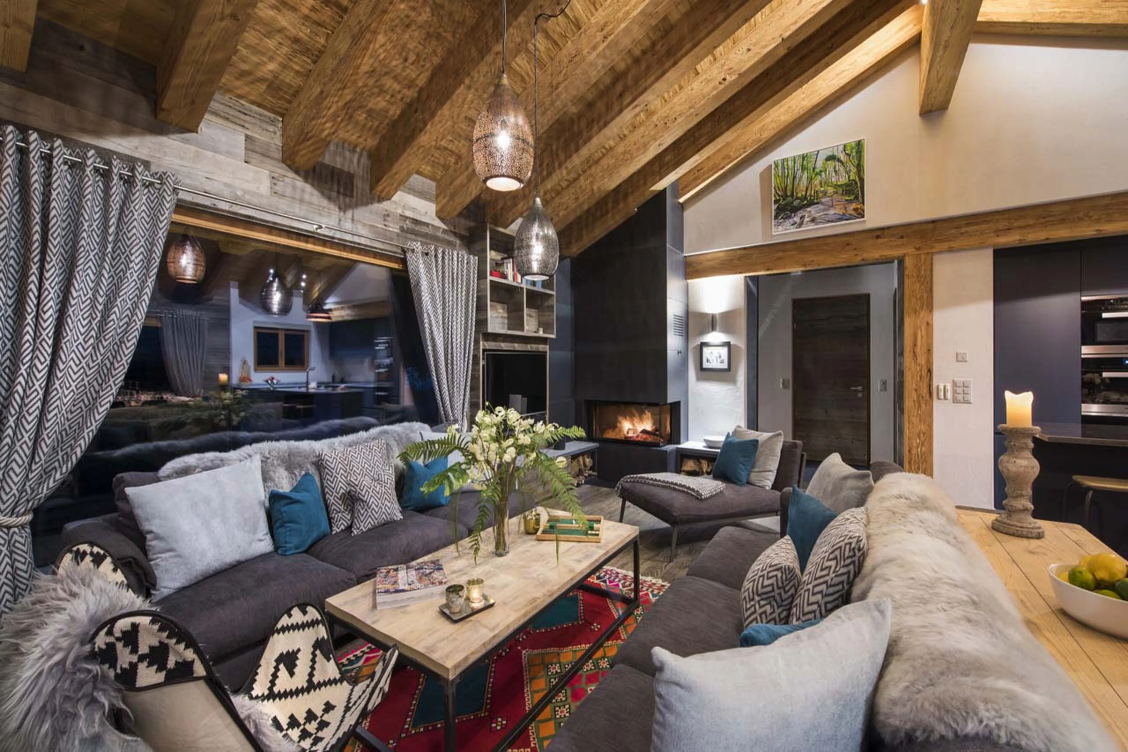 Living area at night in  Chalet Mowgli in Verbier
