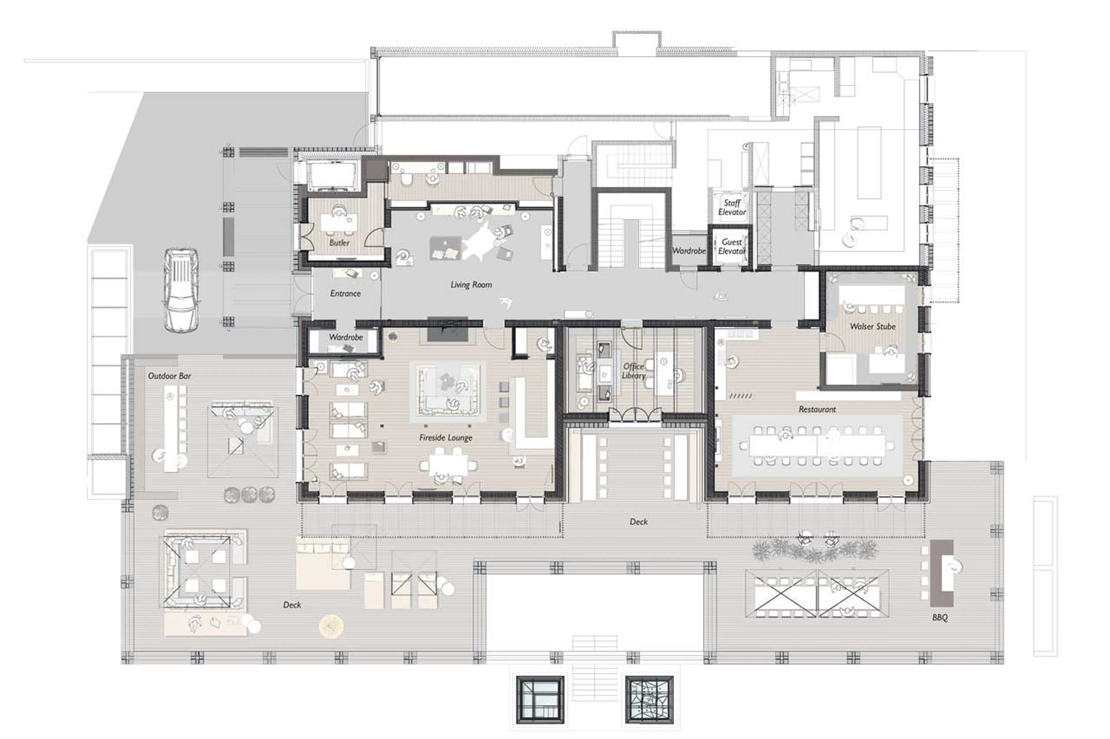 Level 0 floor plan of Exterior of Chalet N in Lech