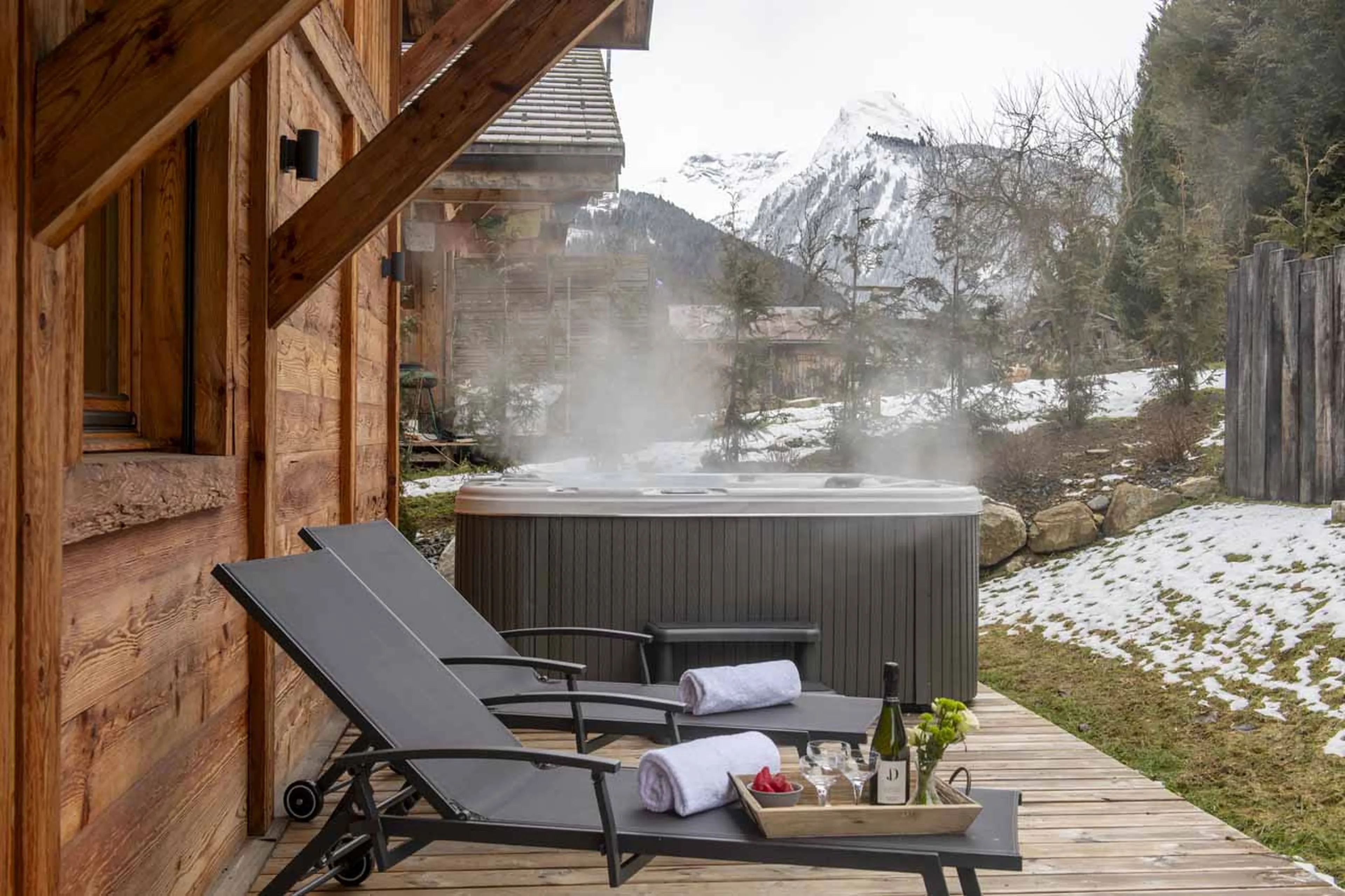 Hot tub on the private rear terrace in Chalet Nanook, Morzine