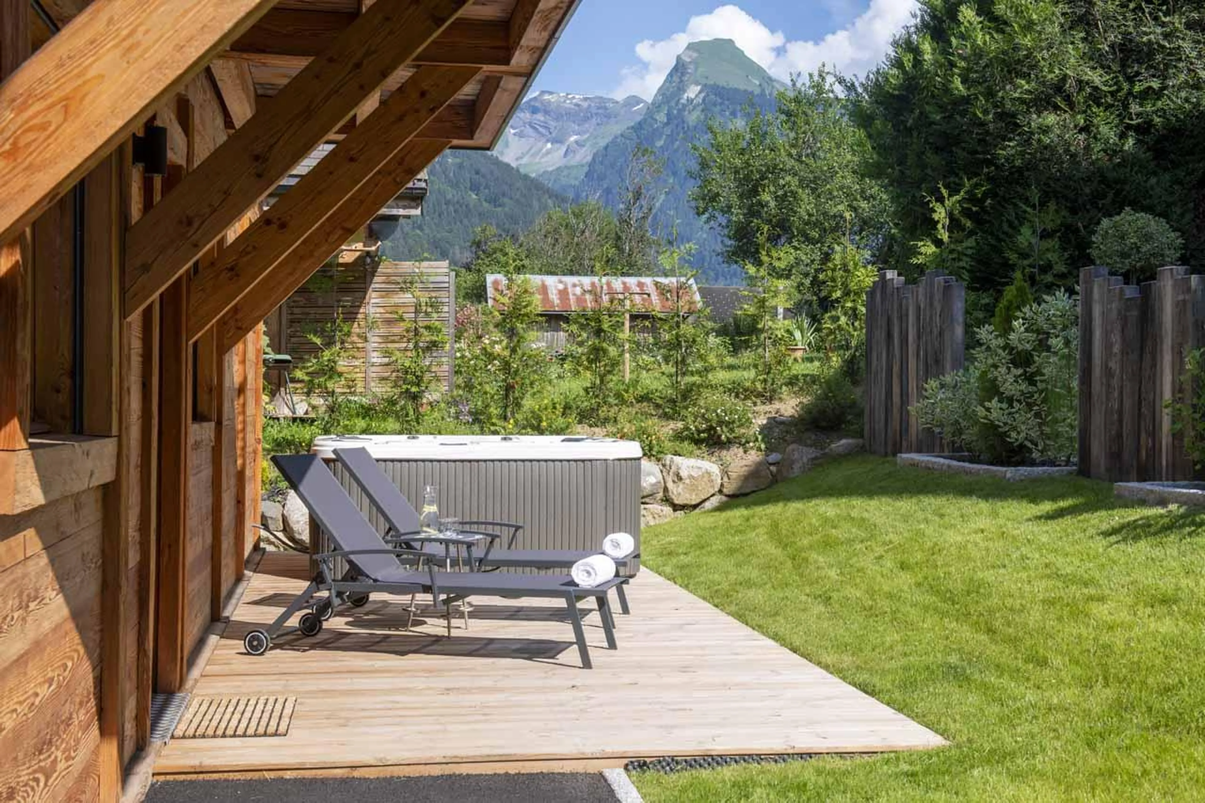 Hot tub on the private rear terrace in Chalet Nanook, Morzine