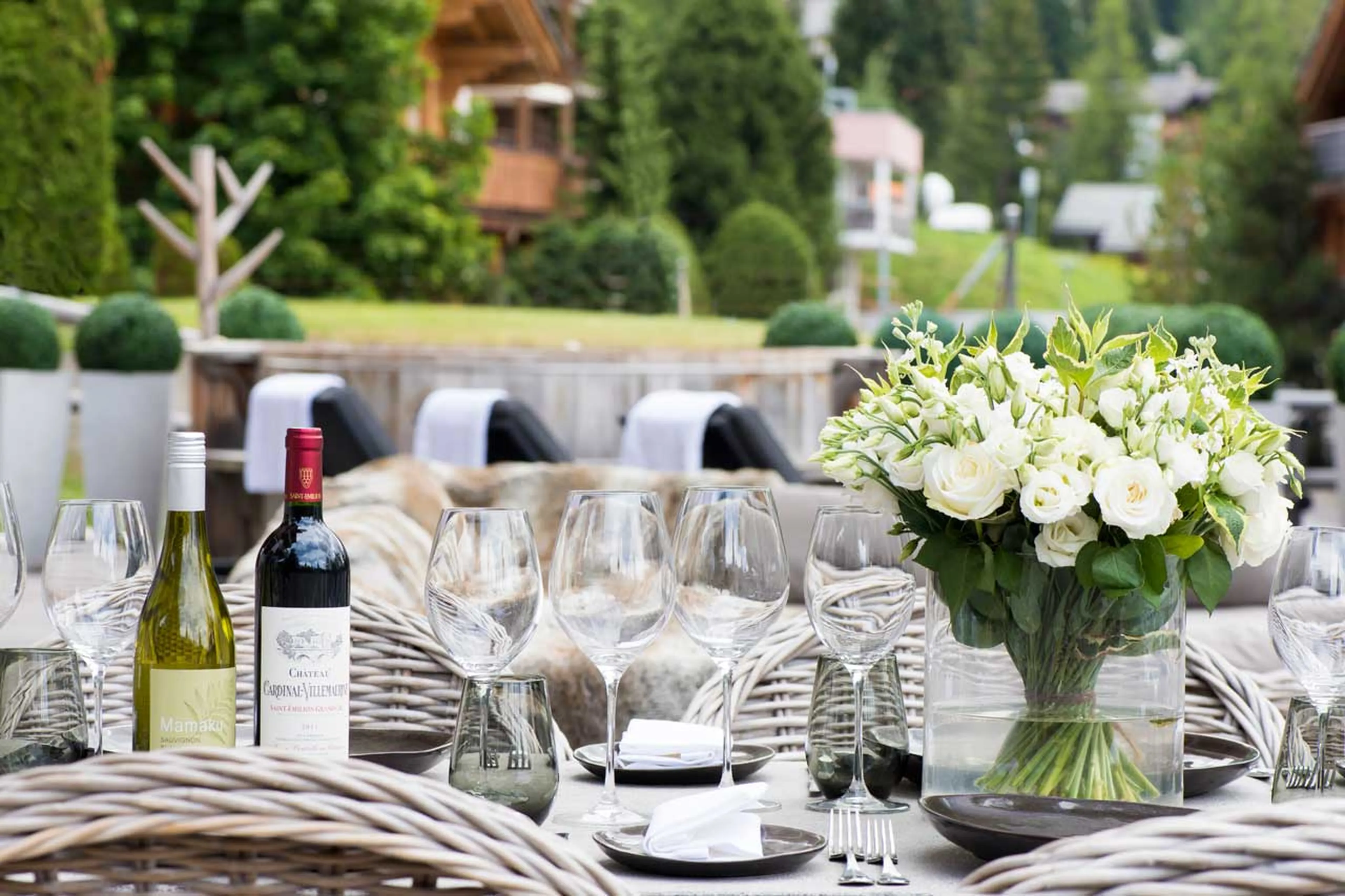 Al fresco dining on terrace at Chalet No 14 in Verbier