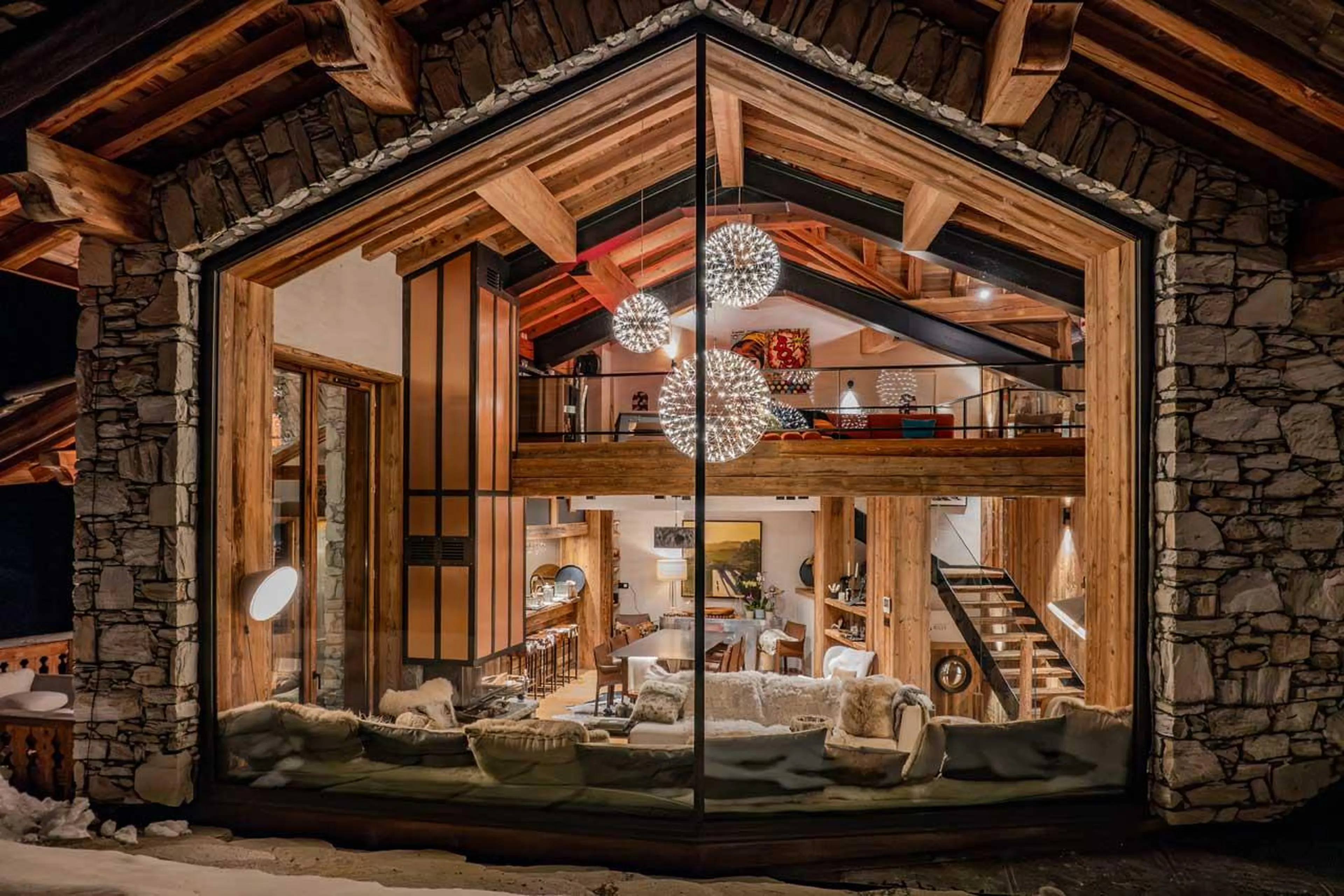 Living area at night of Chalet Orca in Val d'Isere