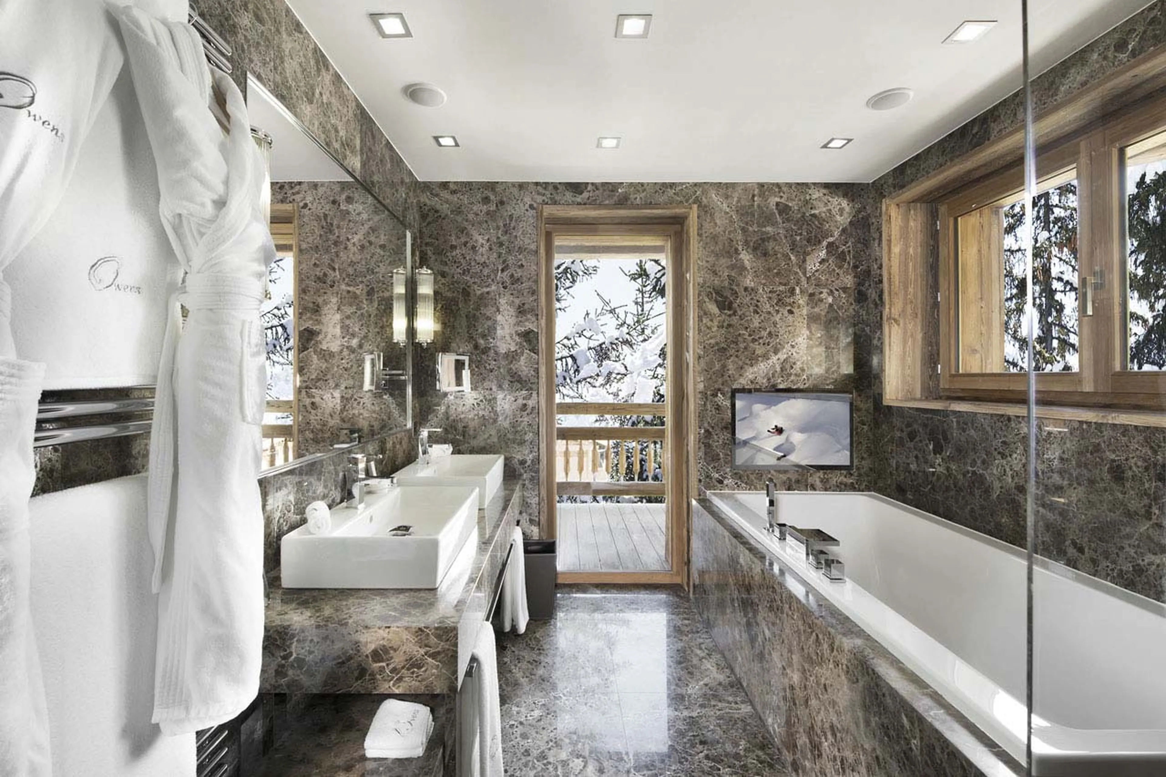 En suite bathroom with terrace view in Chalet Owens of Courchevel 1850