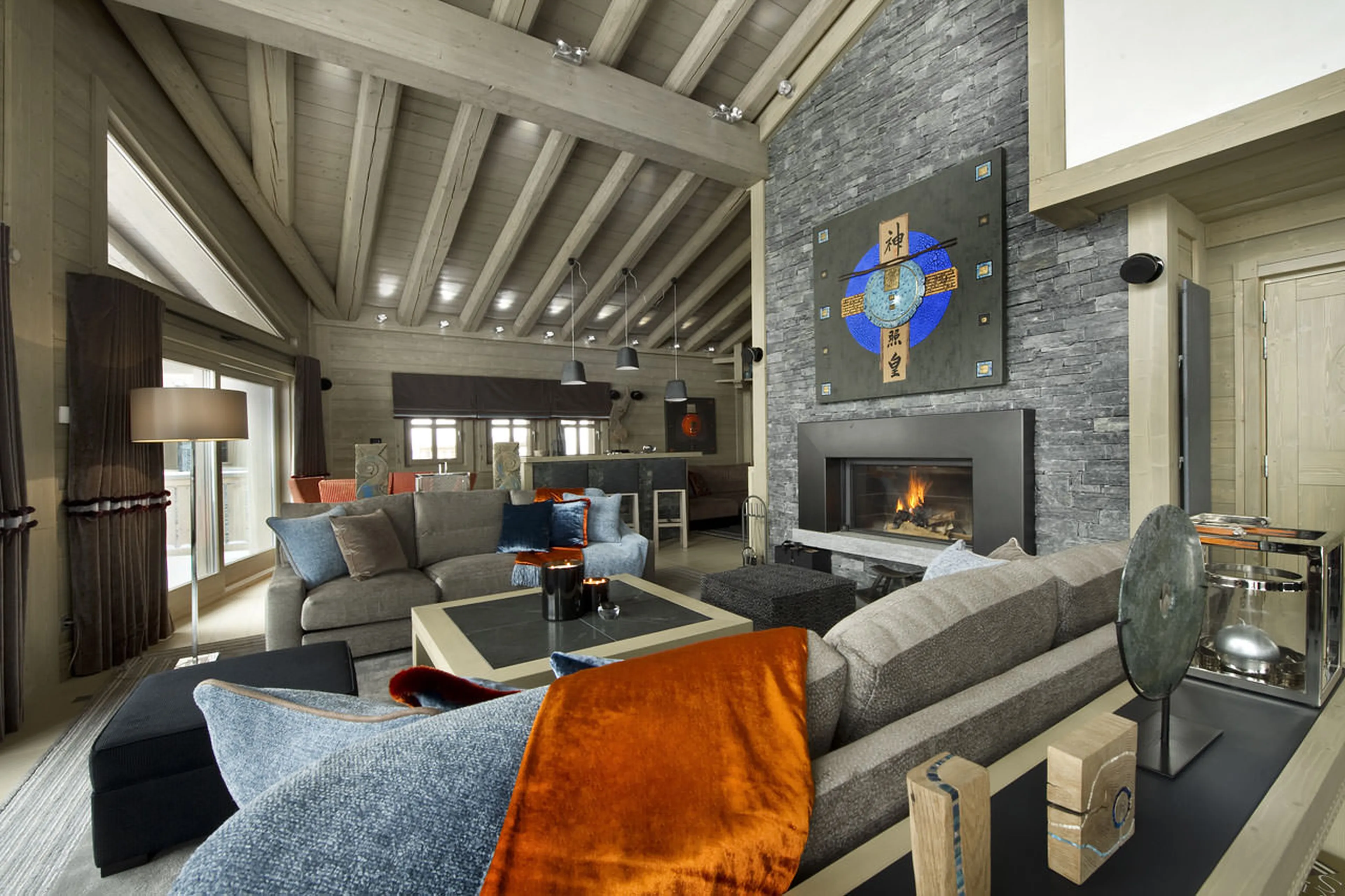 Fireplace in living area of Chalet Panmah in Courchevel 1850