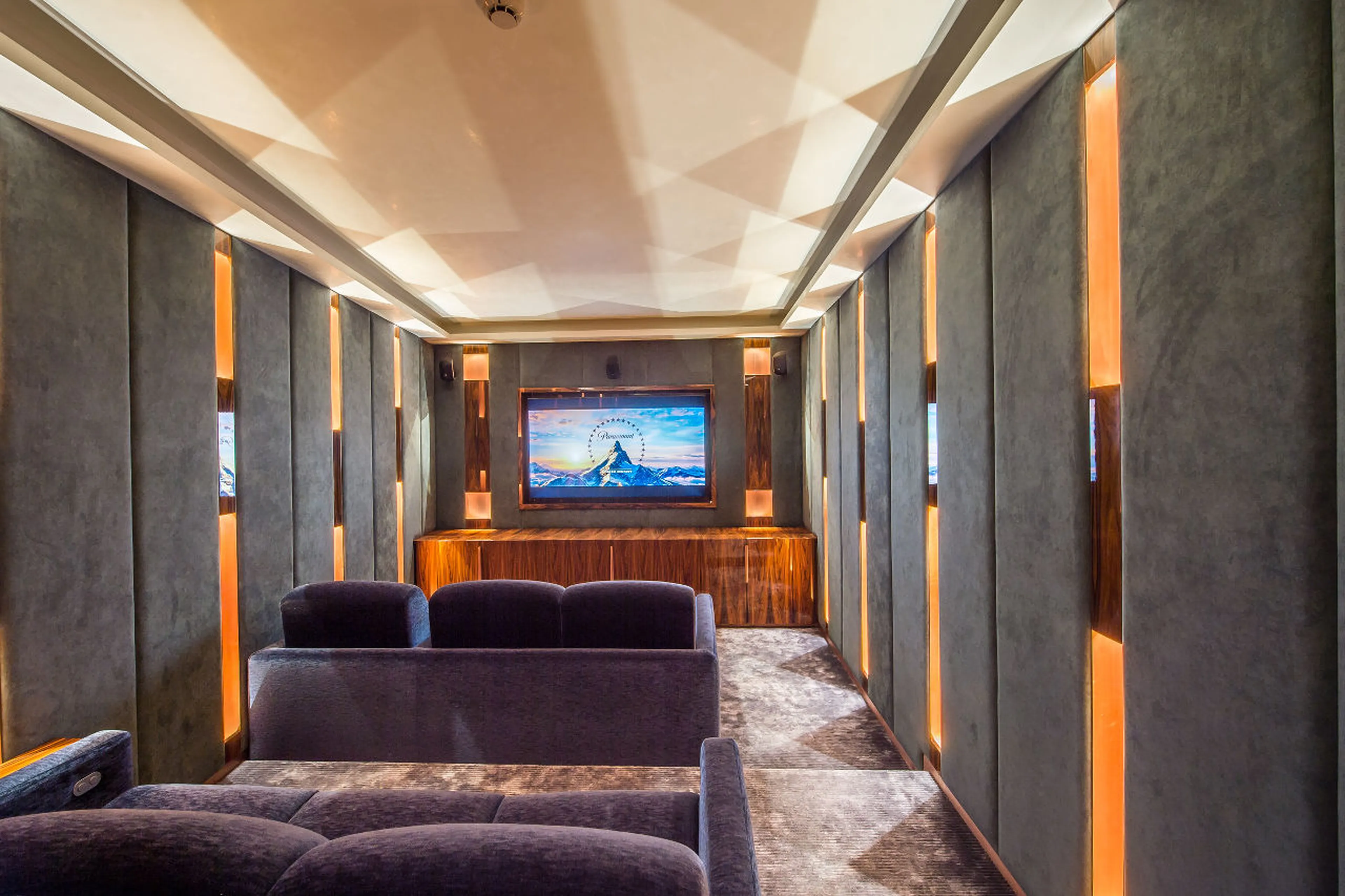 Big screen and soft lighting in cinema room of Chalet Perce Neige, Courchevel 1850