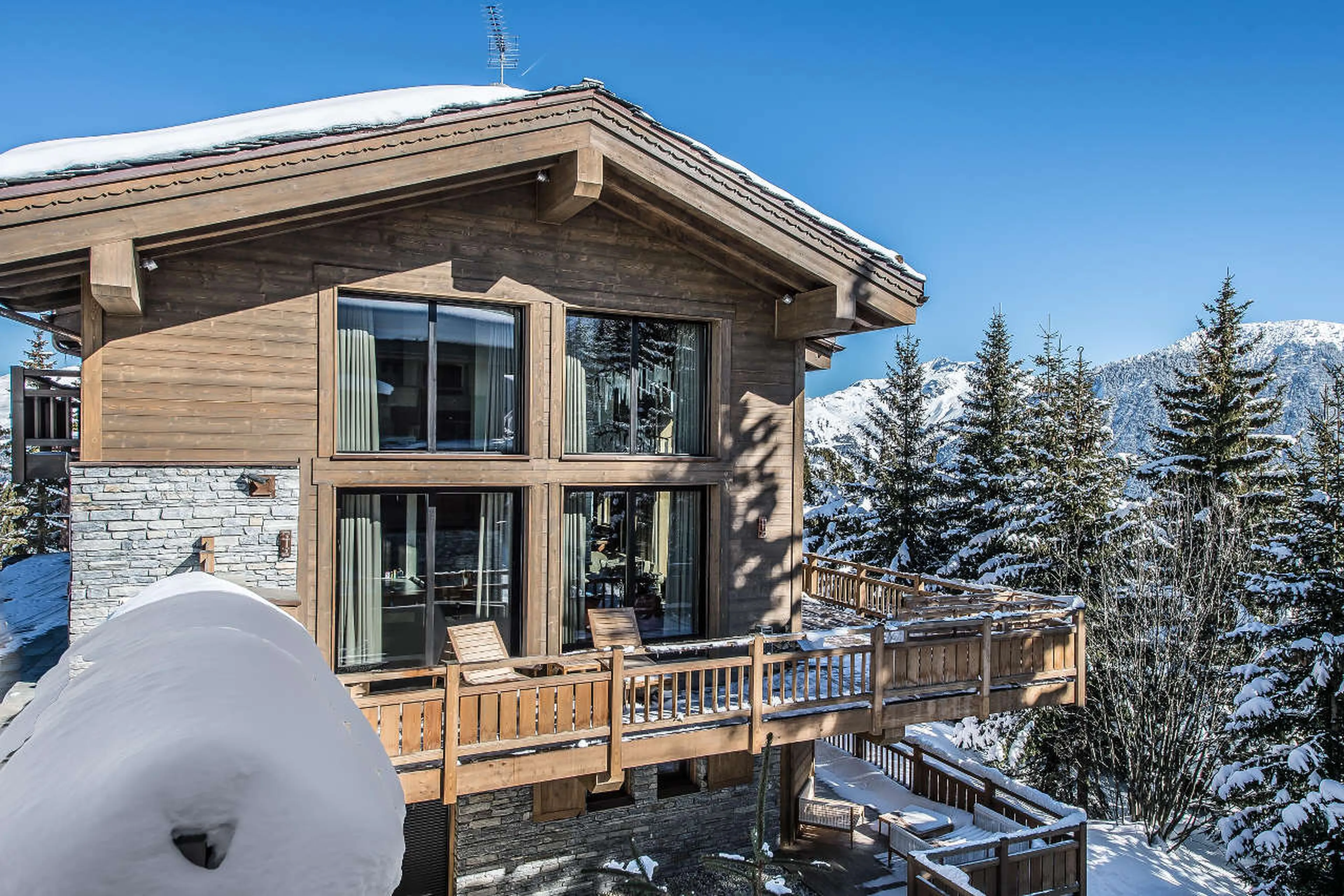 Balconies of Chalet Perce Neige in Courchevel 1859 provide magnificent views