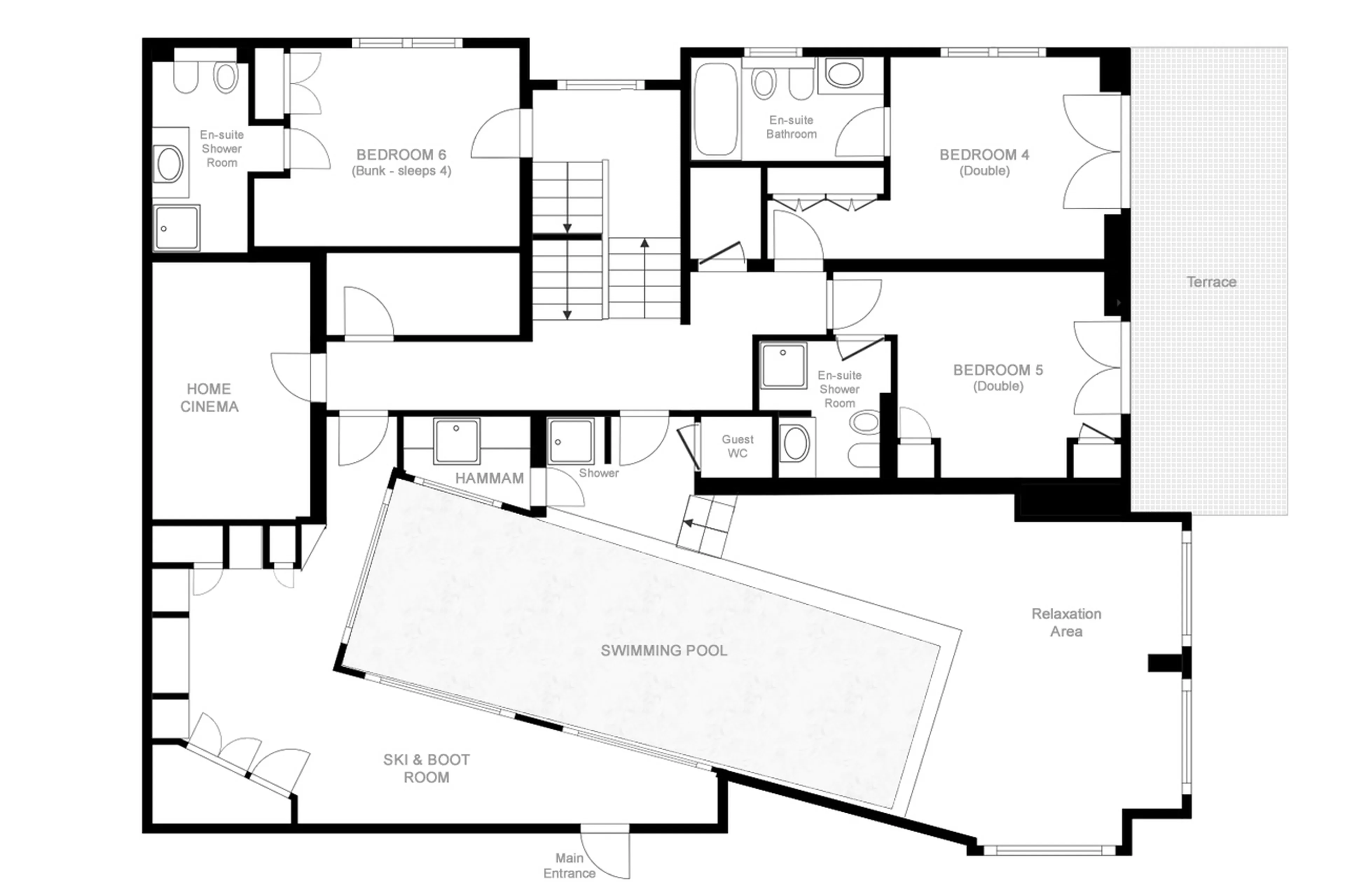 Lower level floor plan of Chalet Peter Pan in Verbier