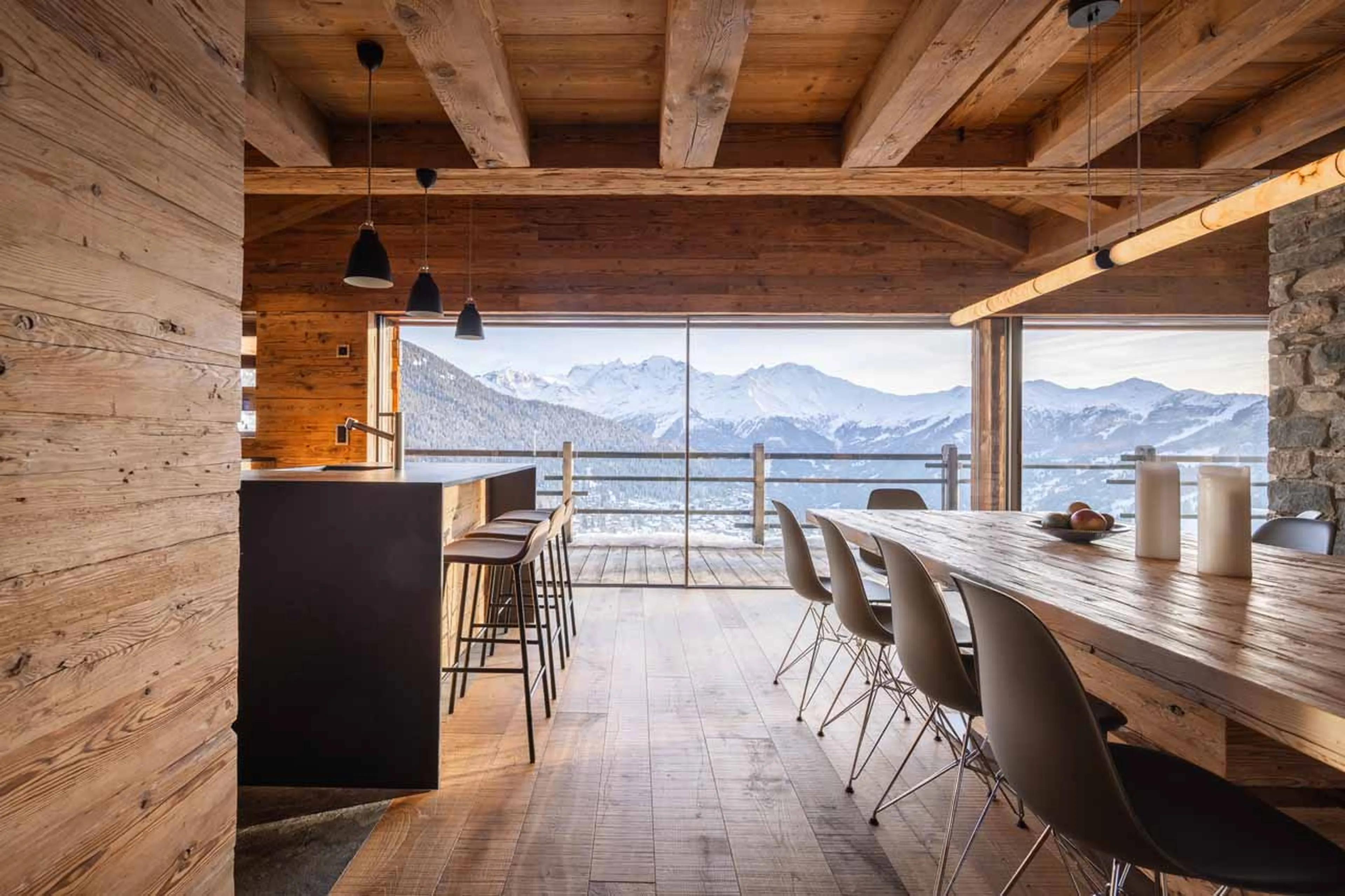 Mountain views from dining table at Chalet Petheo in Verbier