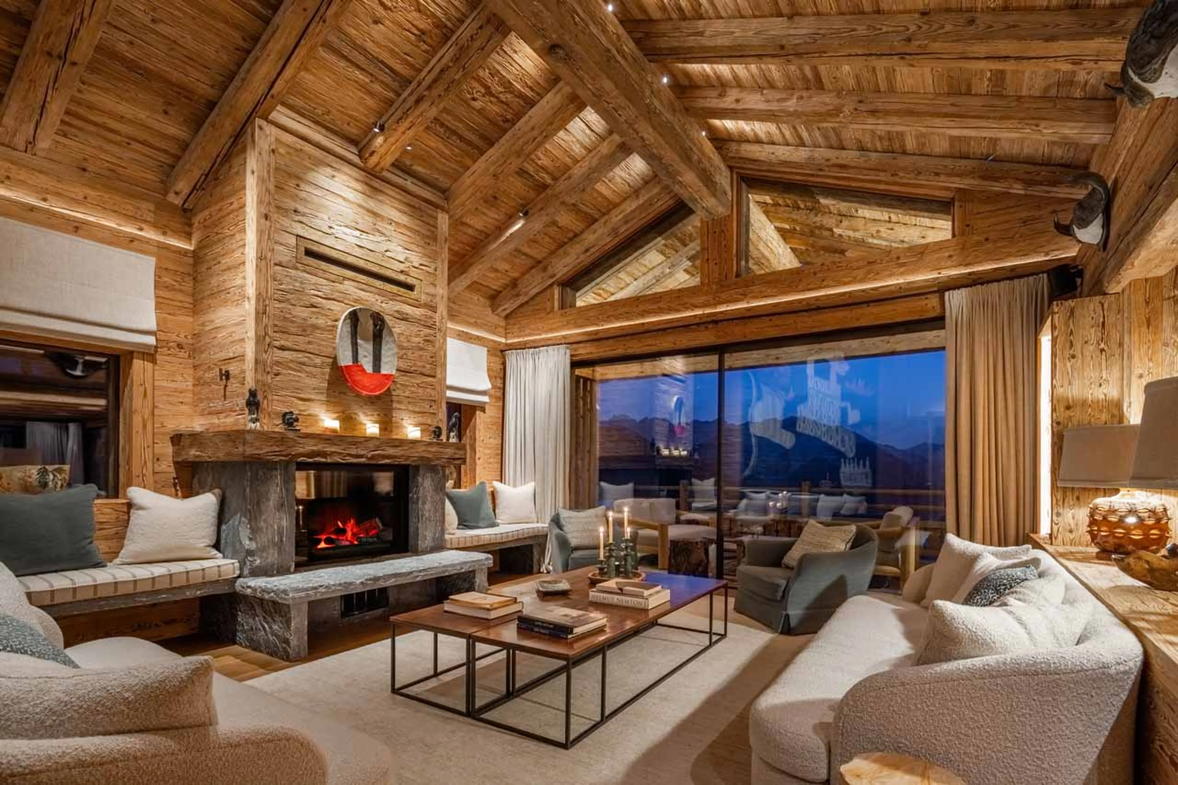 Living area evening at Chalet Pierrier in Verbier