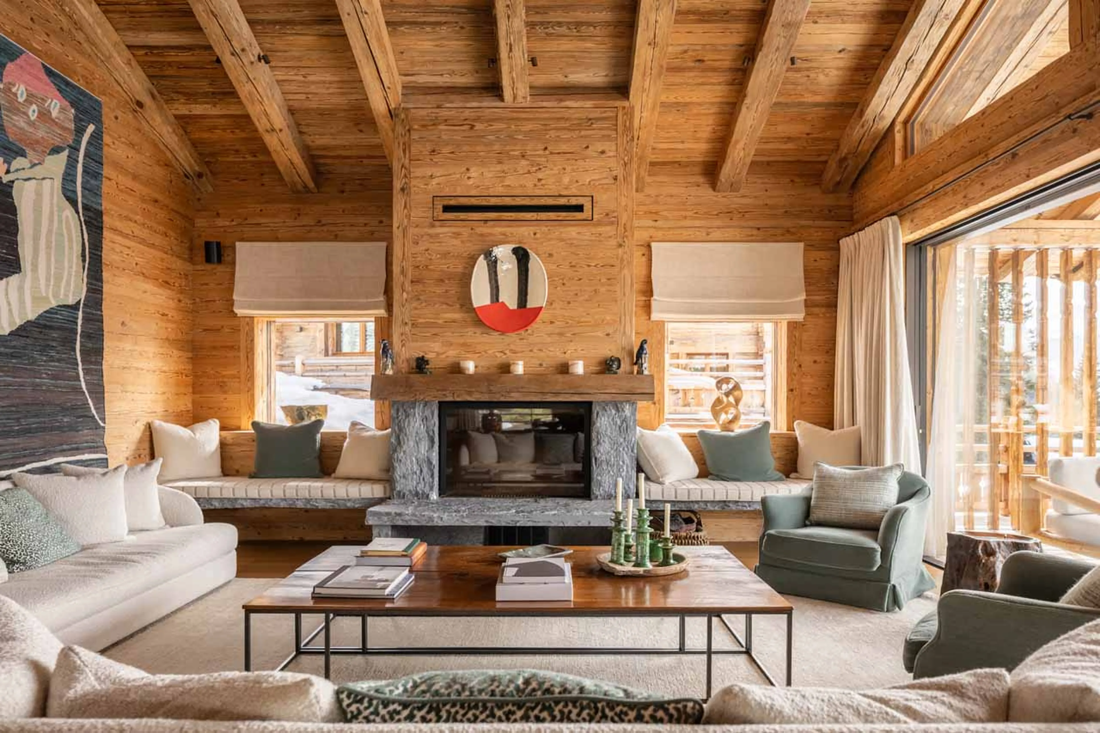 Living area fireplace at Chalet Pierrier in Verbier
