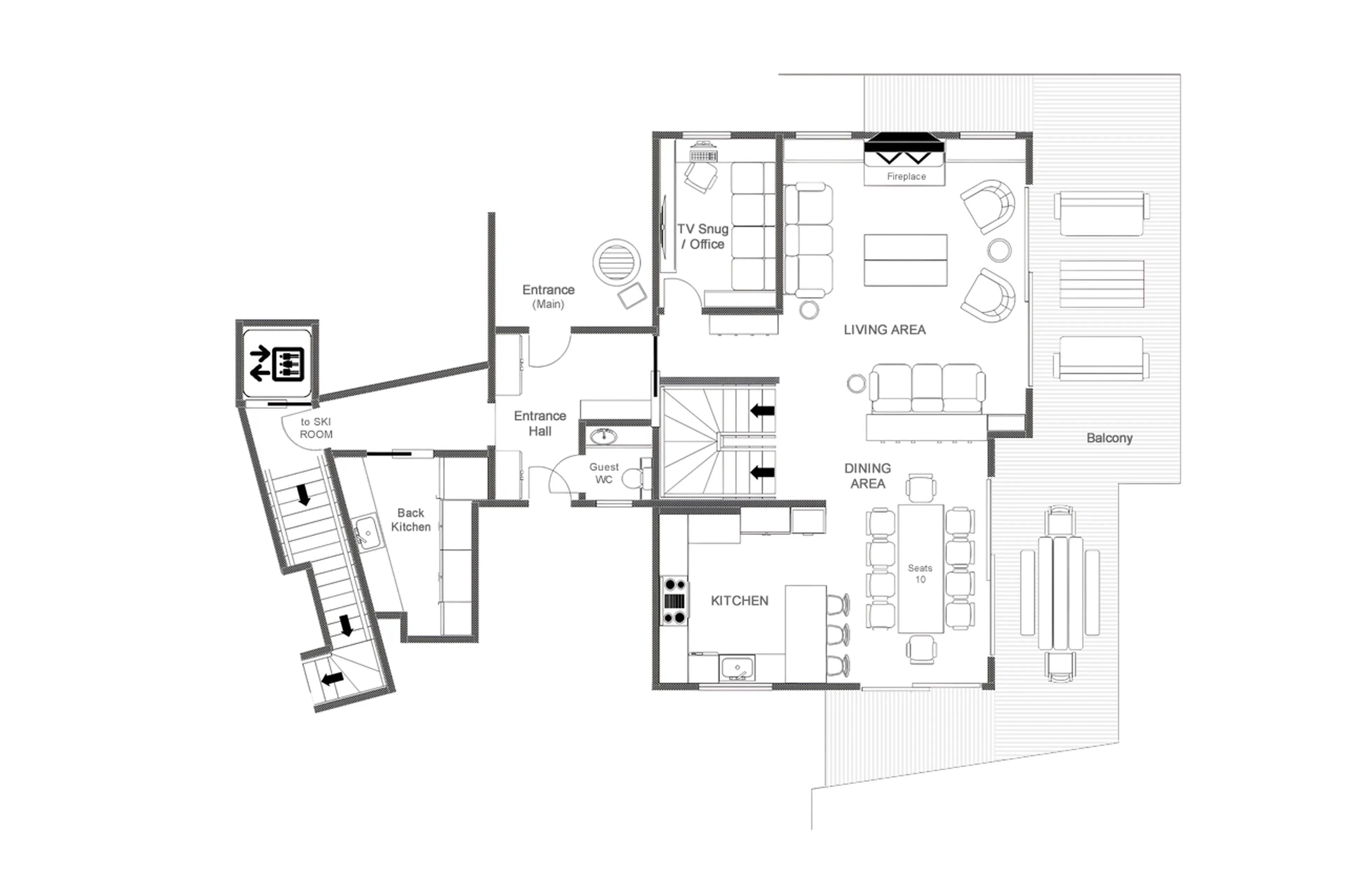 Upper ground floor plan of Chalet Pierrier in Verbier