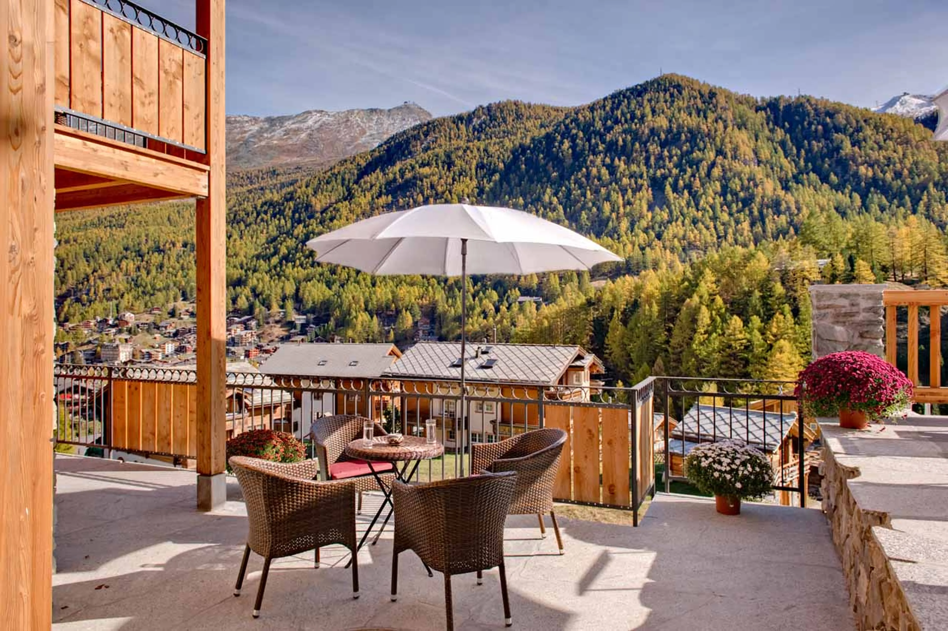Terrace of Chalet Pollux in Zermatt in summer