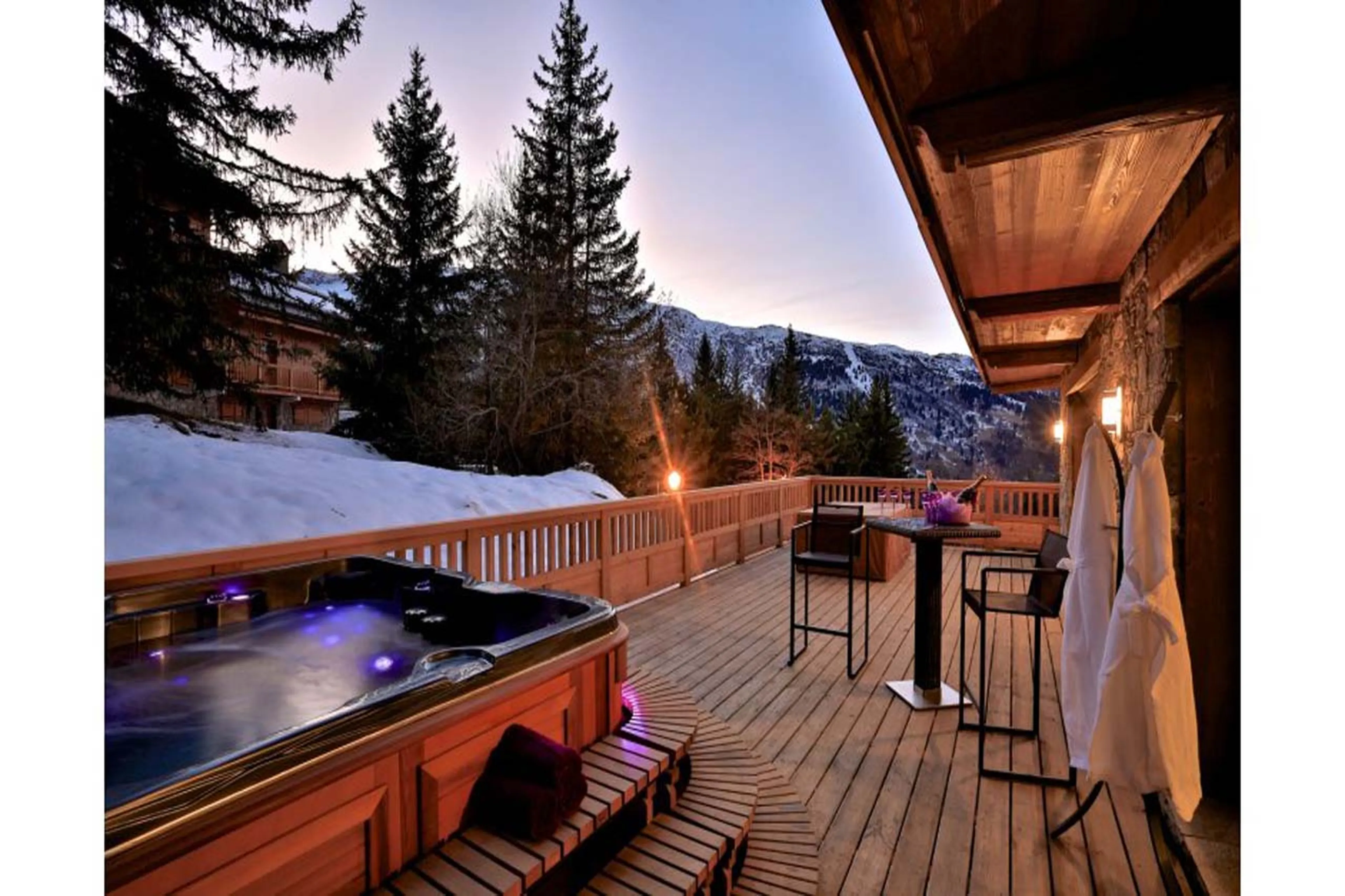 Hot tub at dusk at Chalet Pont du Cam in Meribel