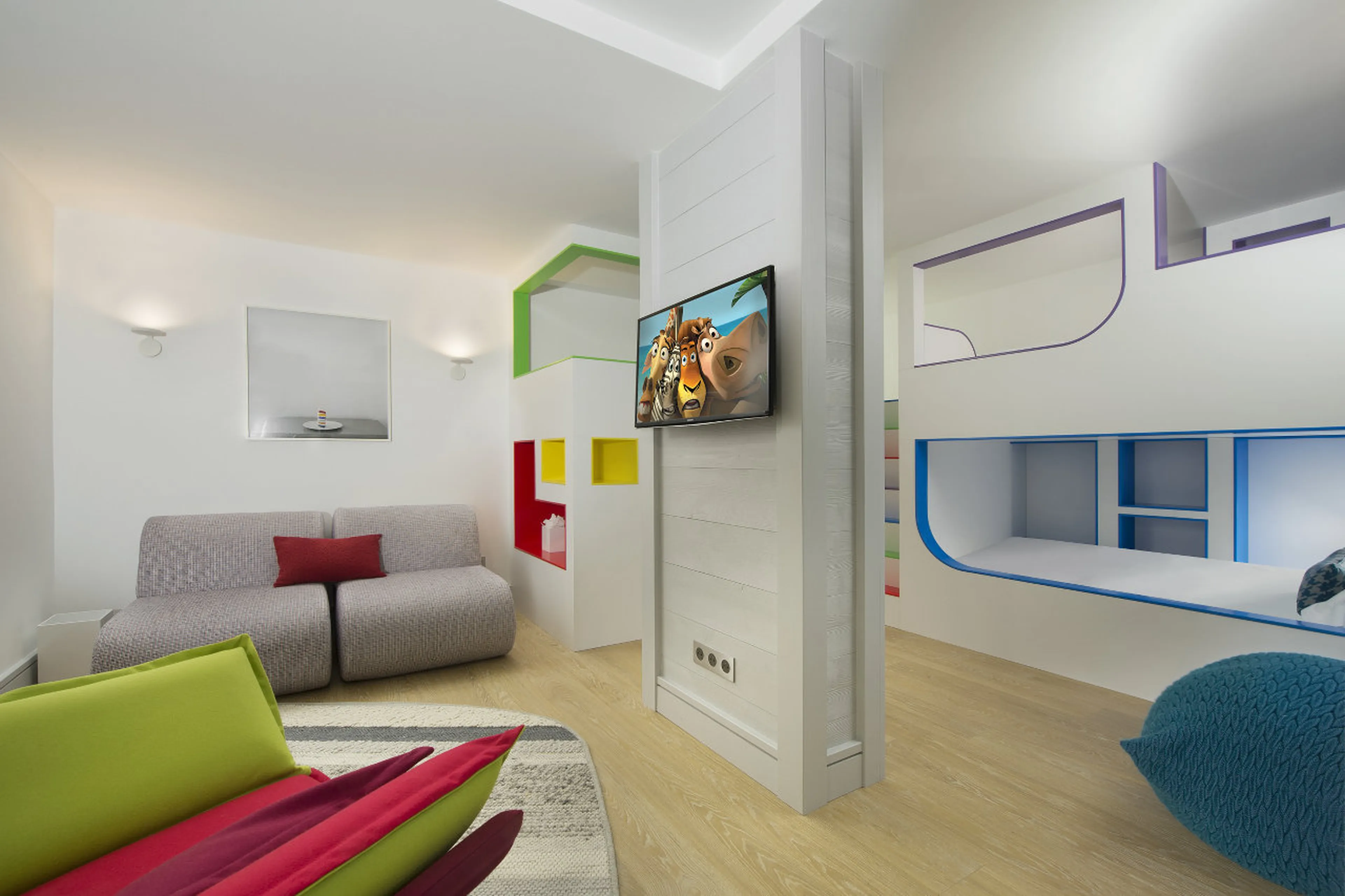 Bedroom with two bunk beds and en-suite shower room in Chalet Pow Pow in Courchevel 1850