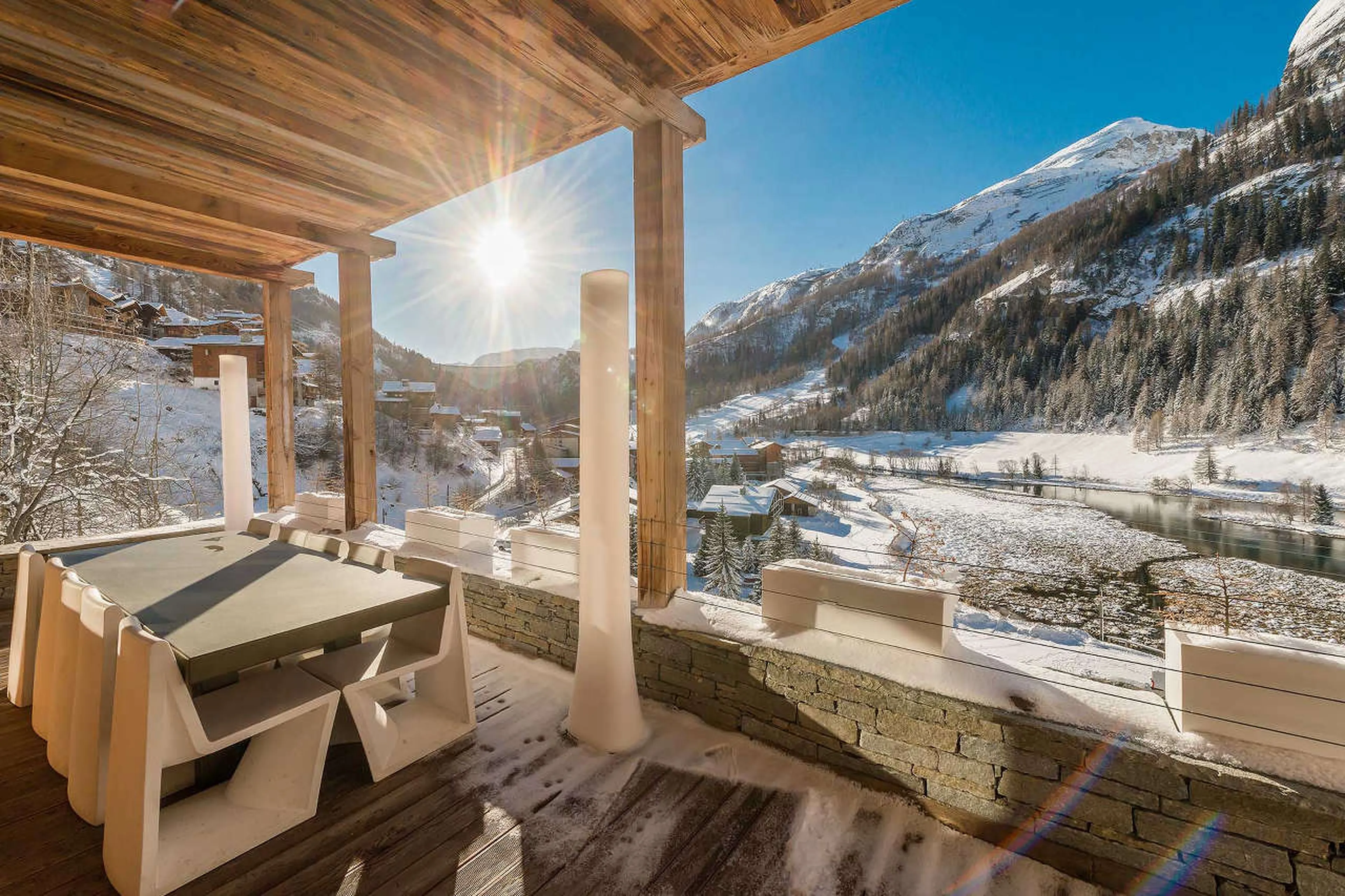 Dining on terrace of Chalet Quezac in Tignes