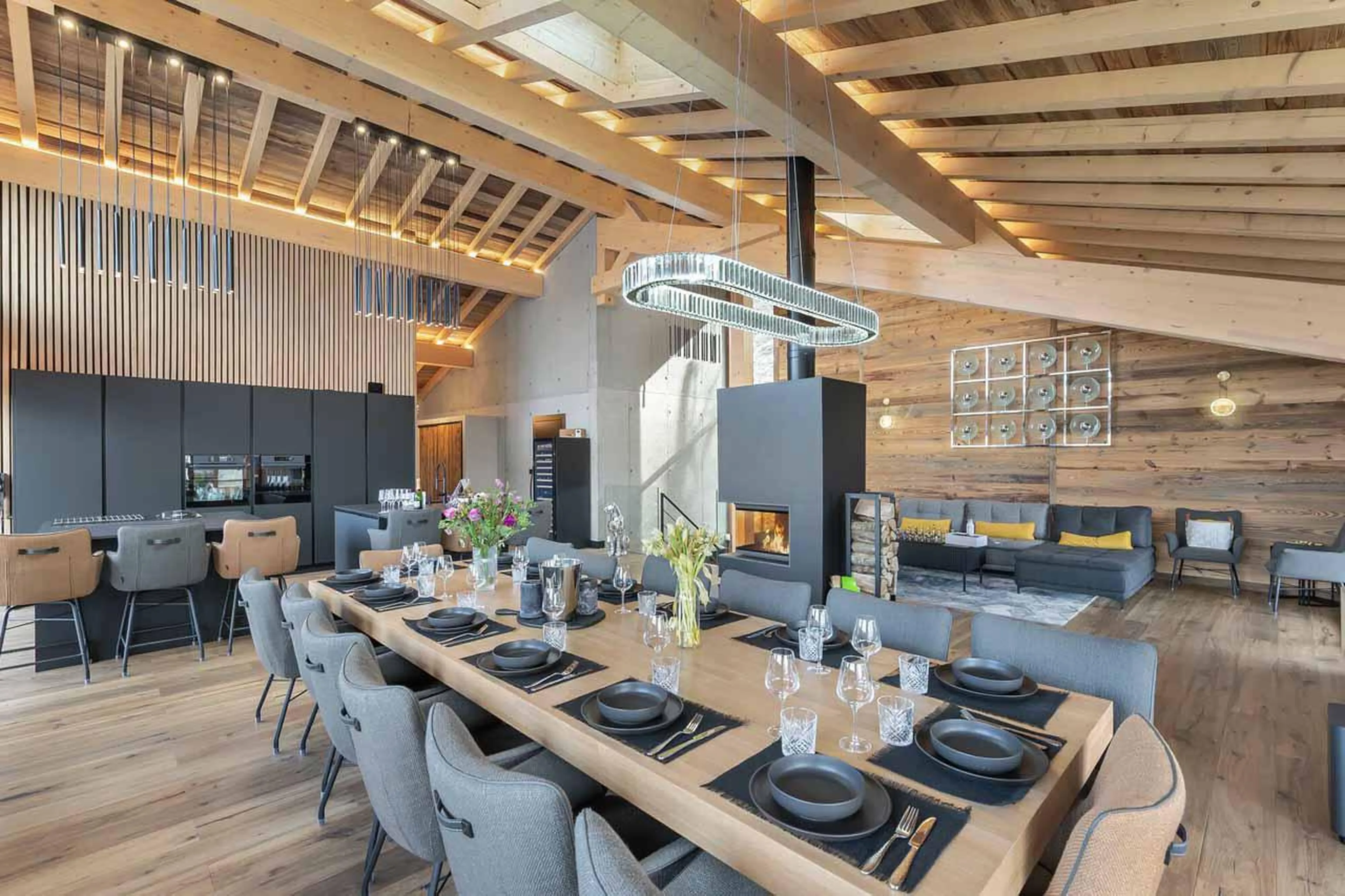 Open-plan living area at Chalet R Family in Megeve