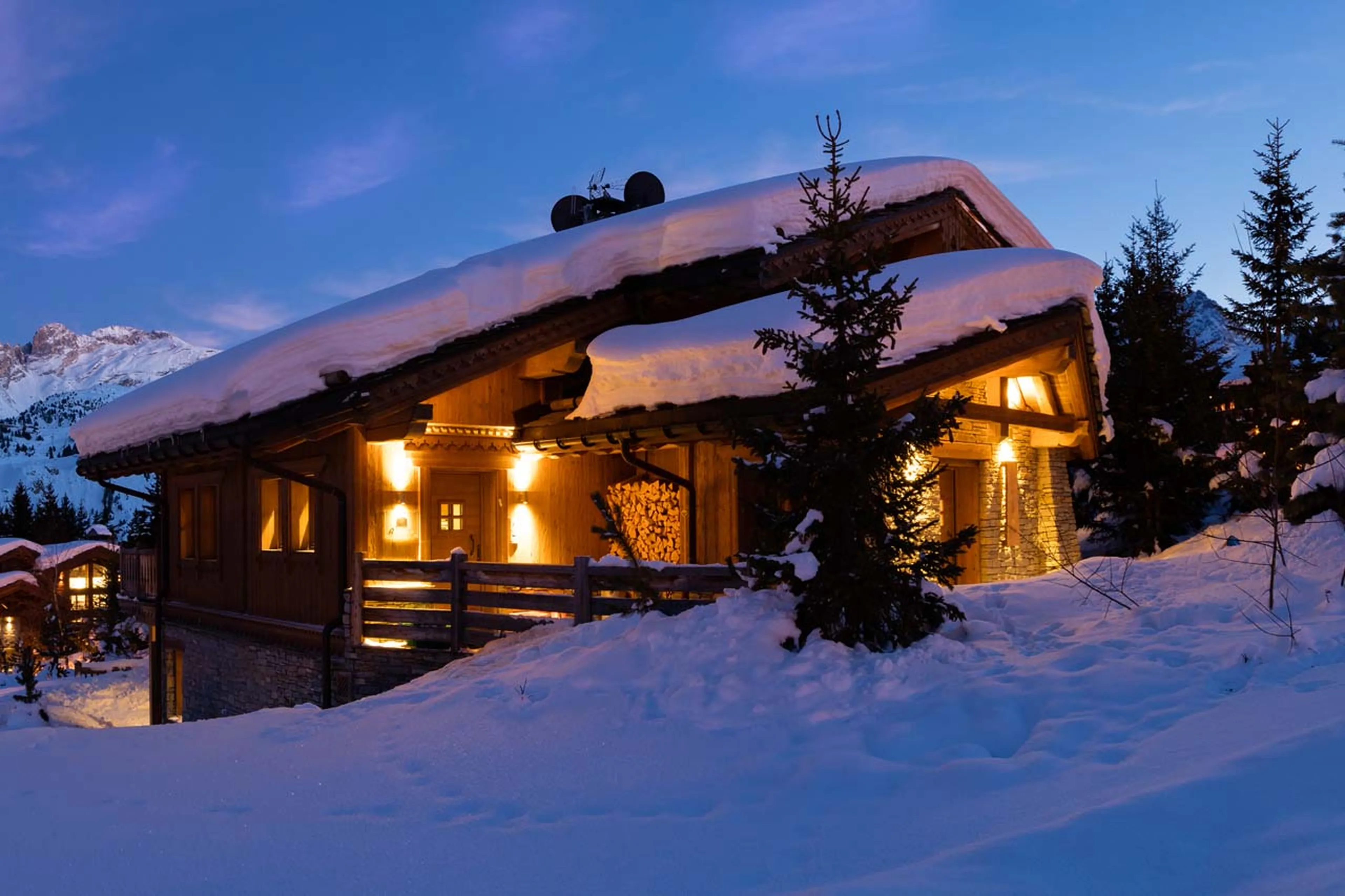 Exterior of Chalet Razzie in Courchevel 1850 at dusk