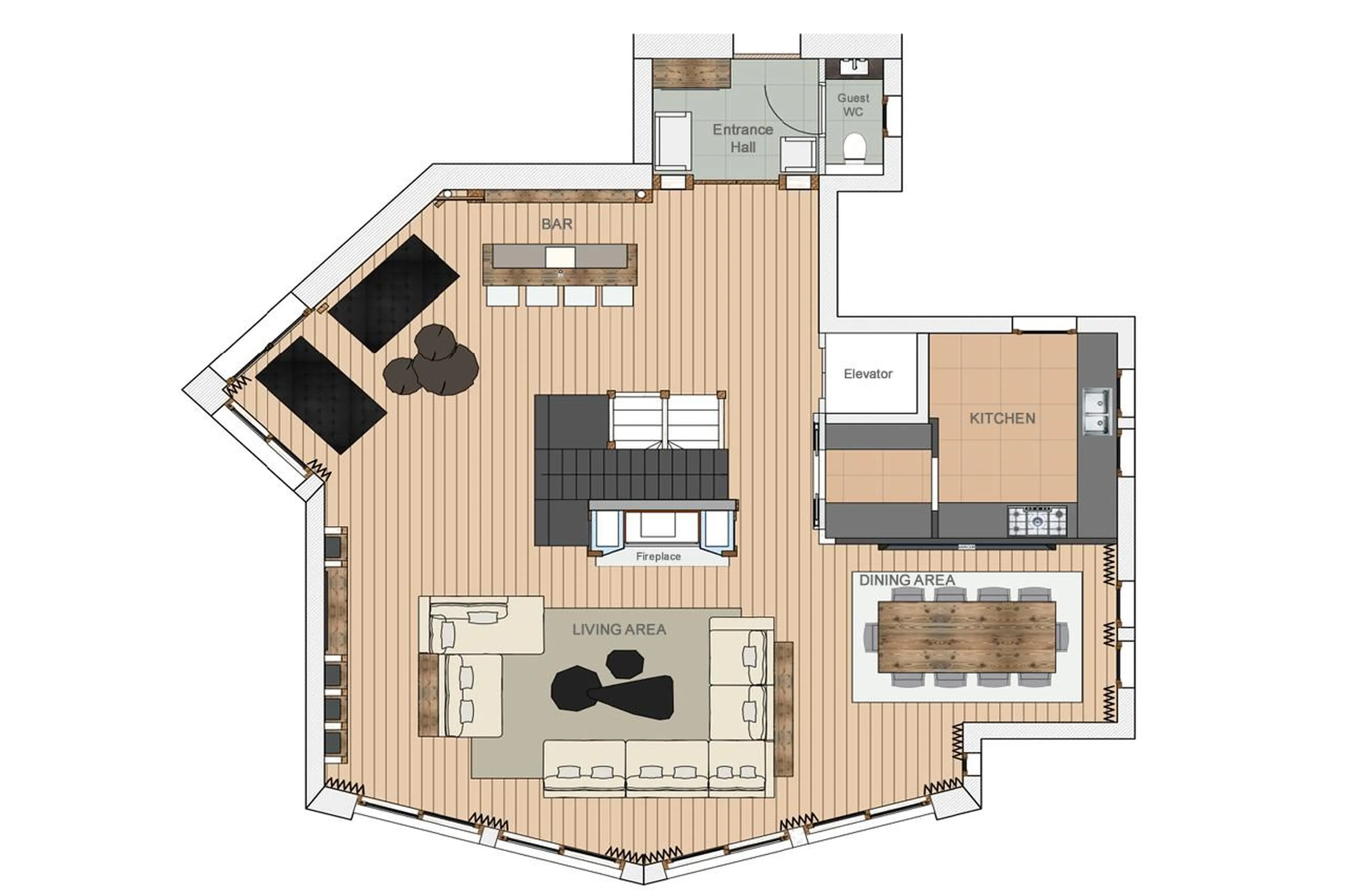 Level 0 floor plan of Chalet Razzie in Courchevel 1850