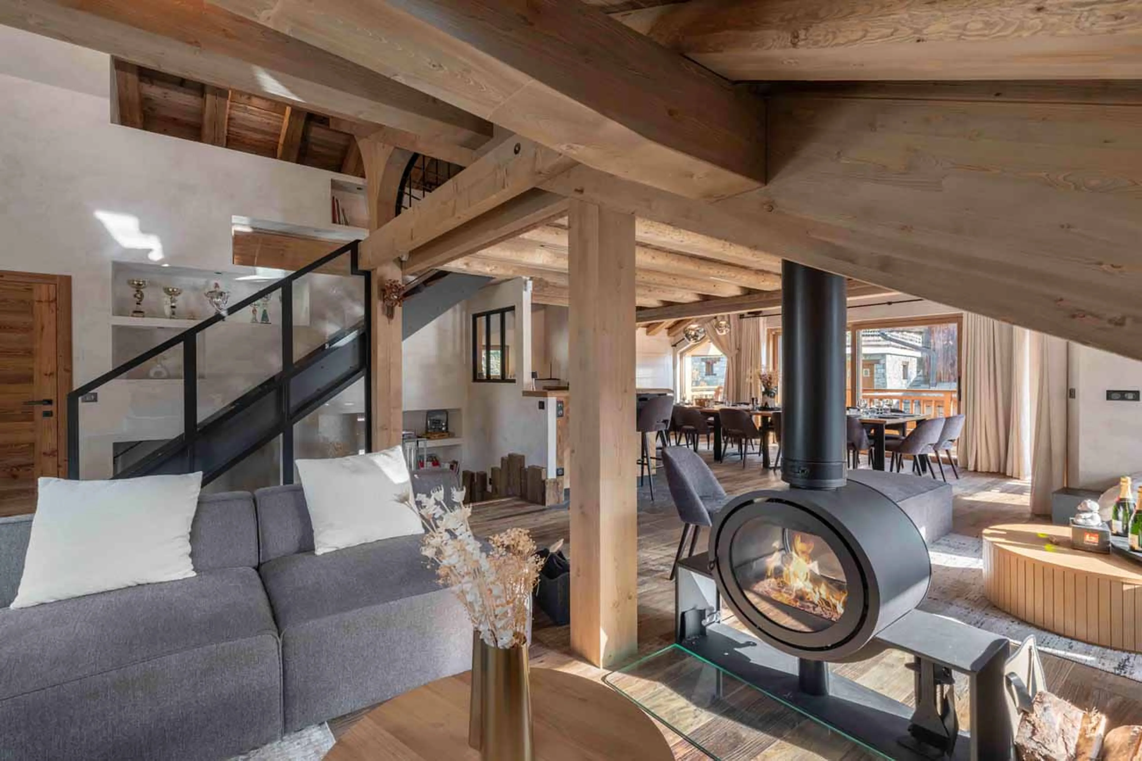 Living area fireplace at Chalet Reve de Marmotte in Meribel