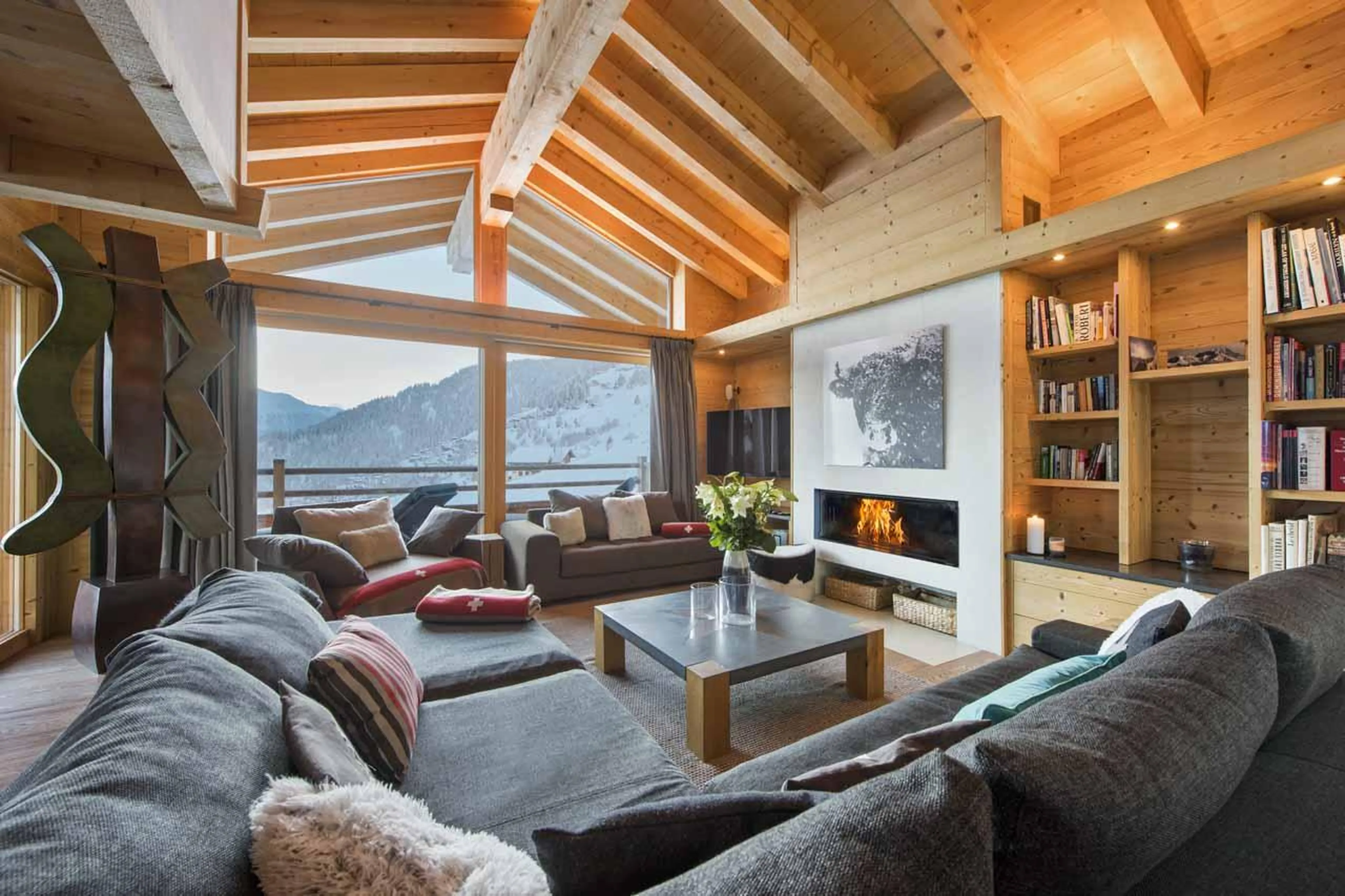 Living room at night at Chalet Rock in Verbier