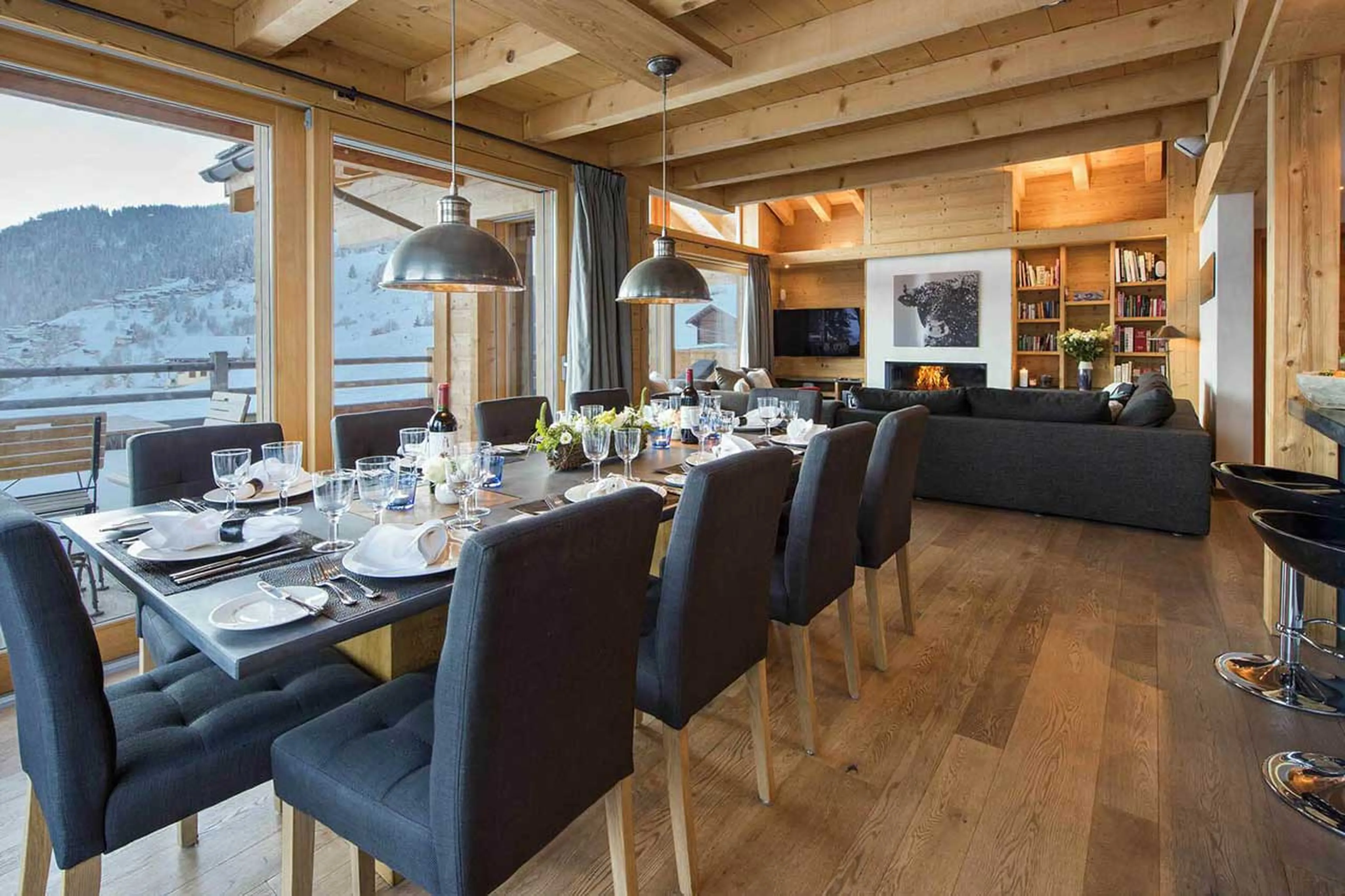 Living and dining area at Chalet Rock in Verbier