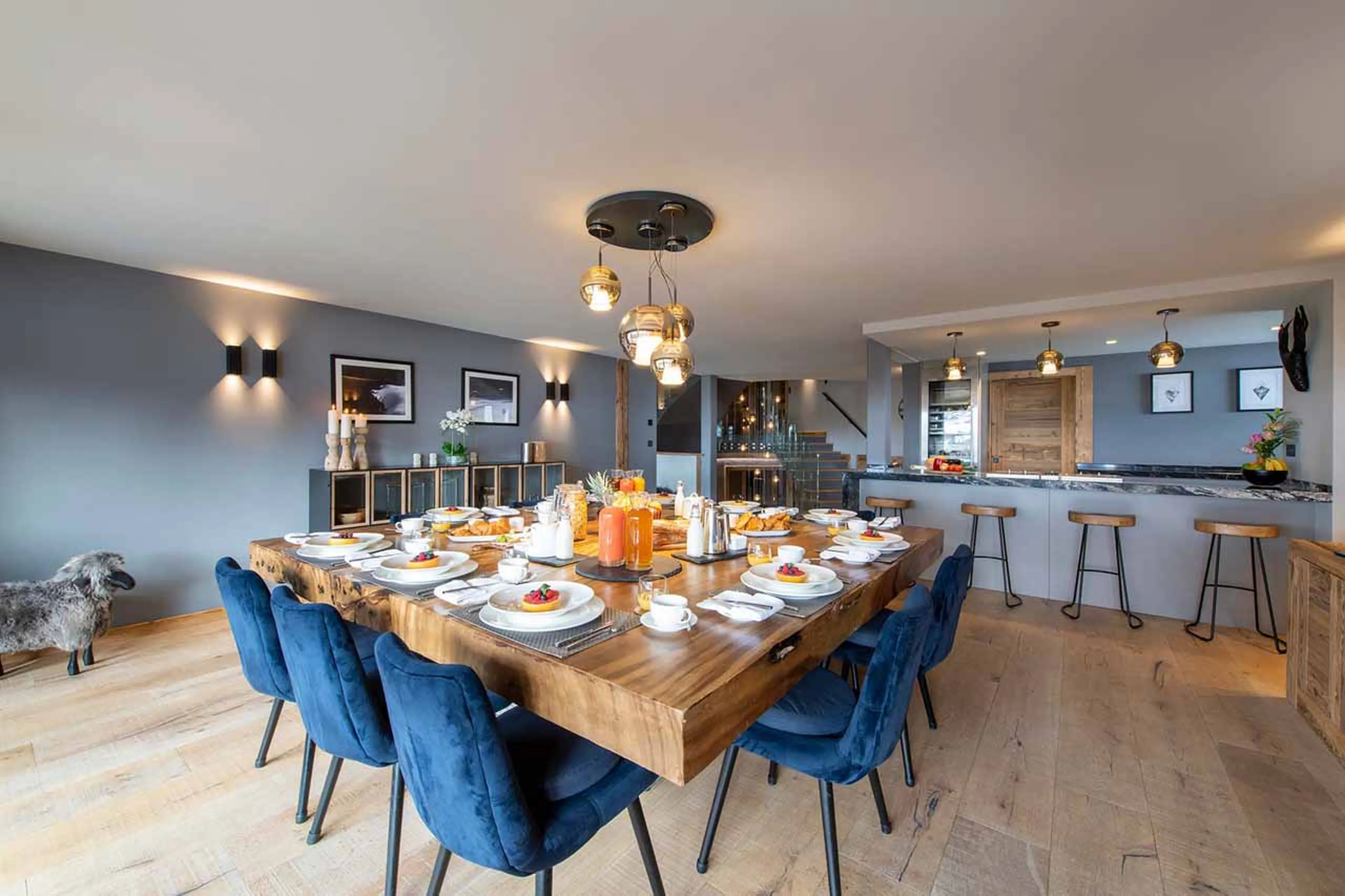 Dining room and service kitchen at the Sapphire Estate in Morzine