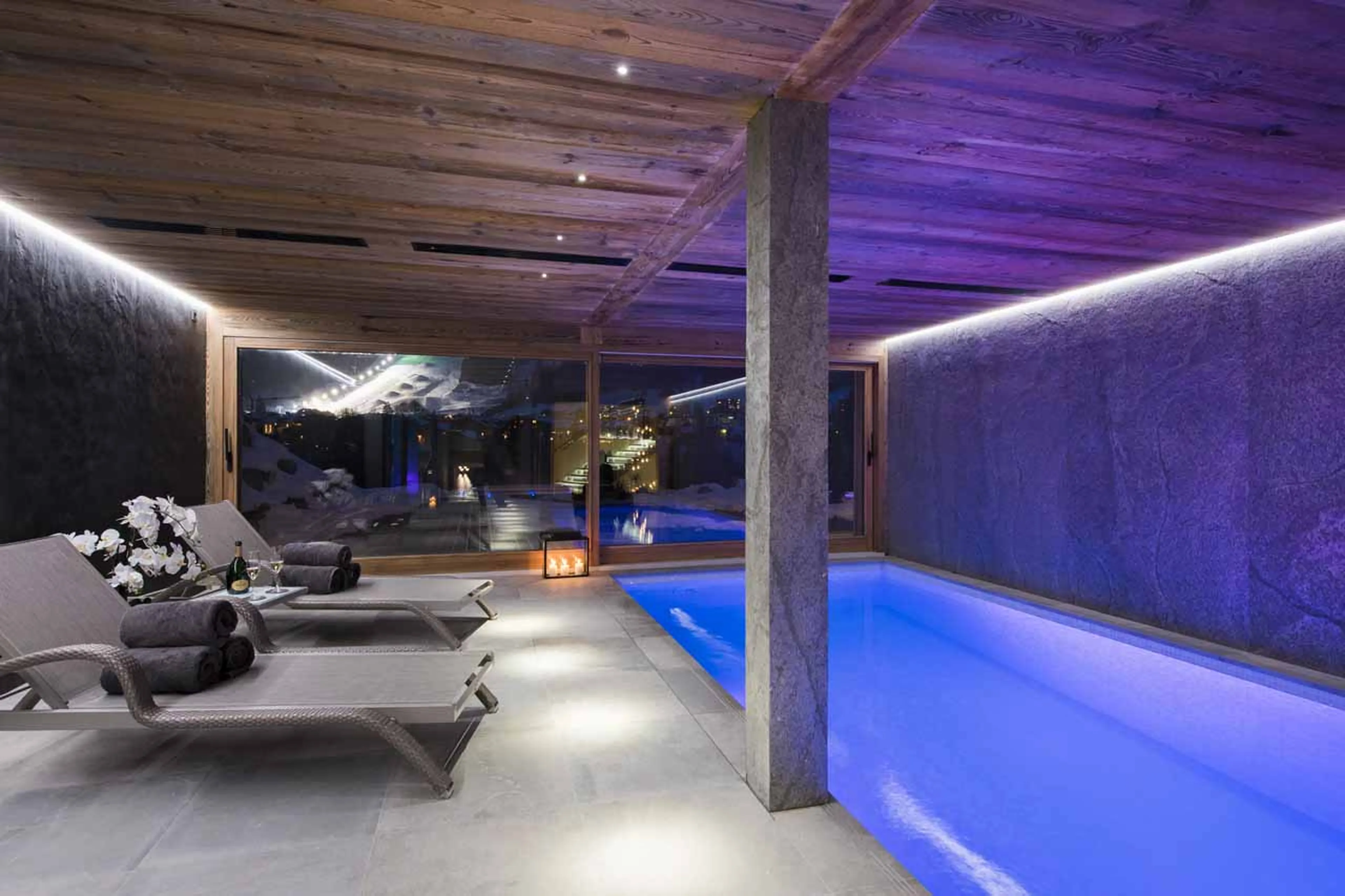 Pool at night at Chalet Sapphire in Morzine