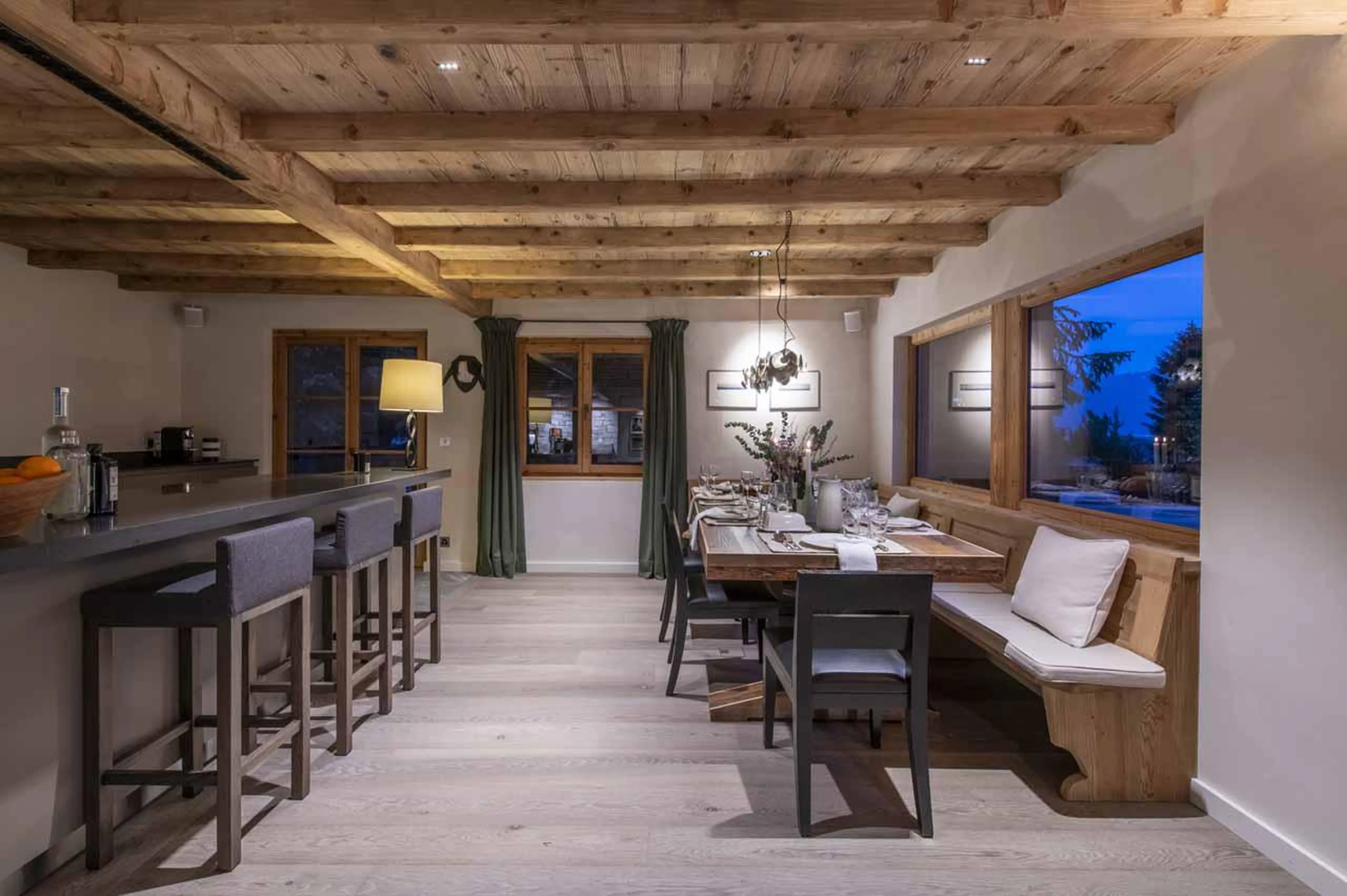 Kitchen island and dining area, Chalet Scandinavia, Verbier, Switzerland