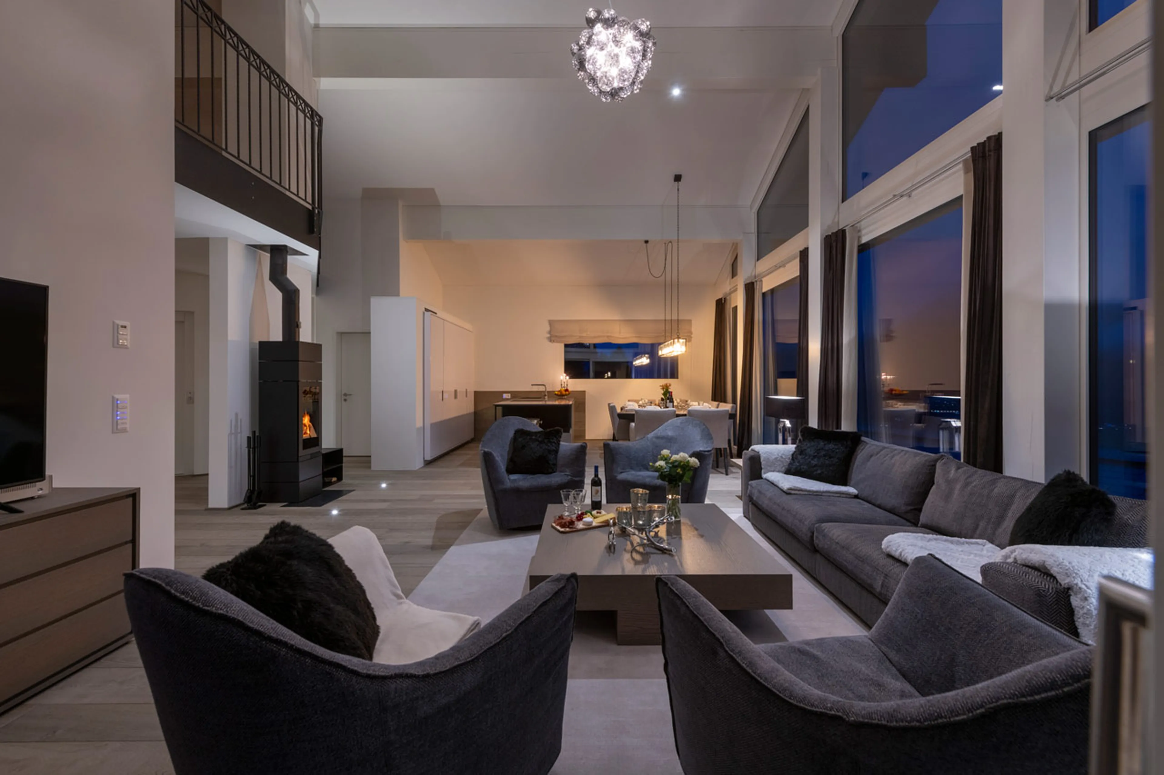 Central fireplace at Chalet Seehorn in Davos