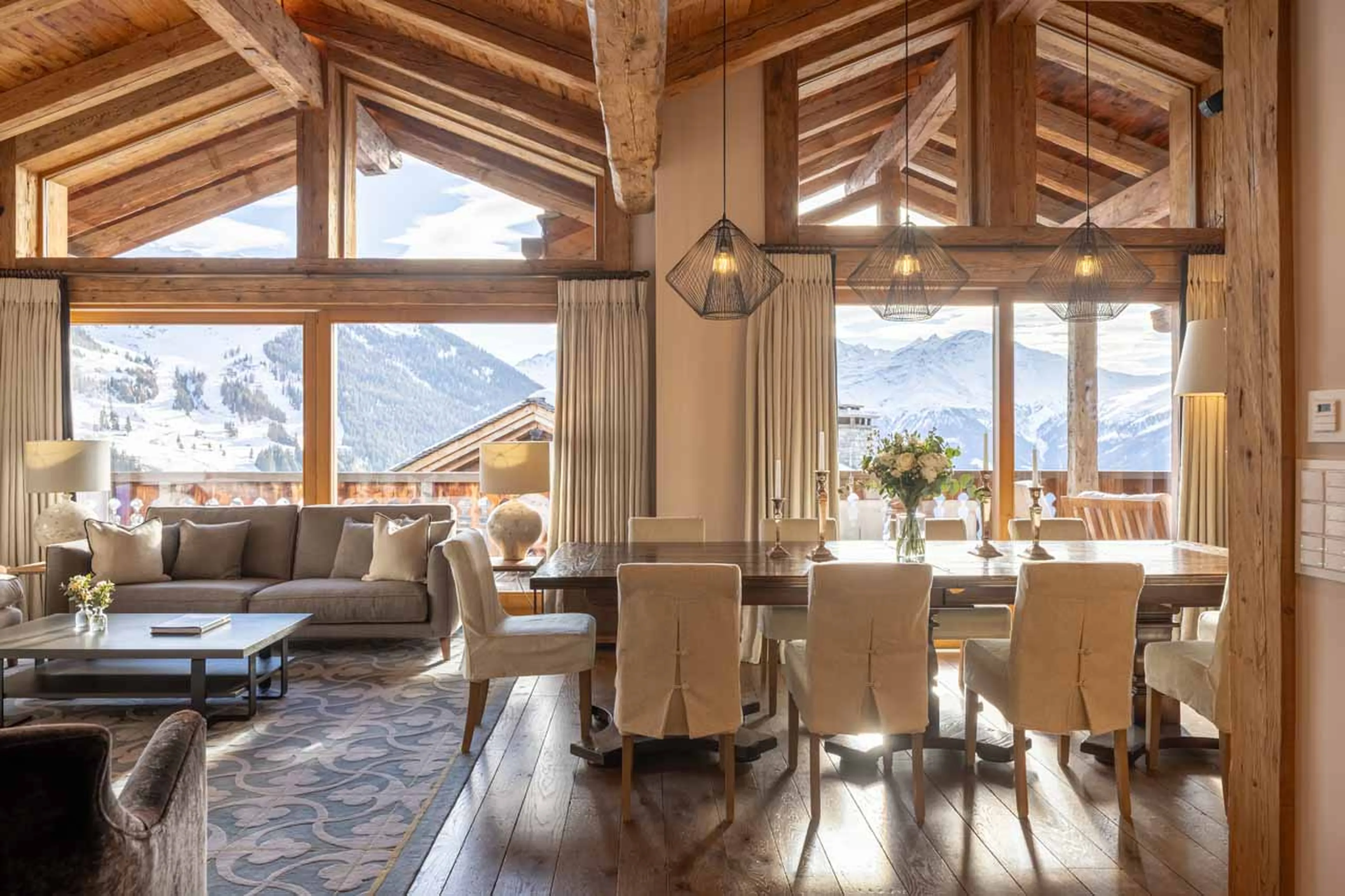 Open plan living and dining room at Alpine Estate in Verbier