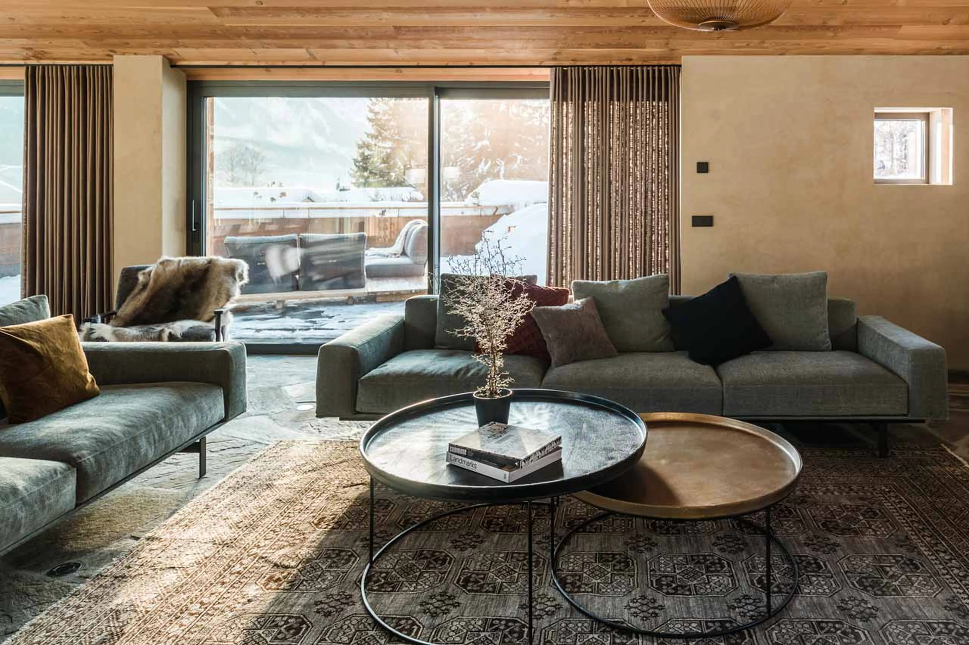 The living area and terrace at Chalet Sundara in Chamonix