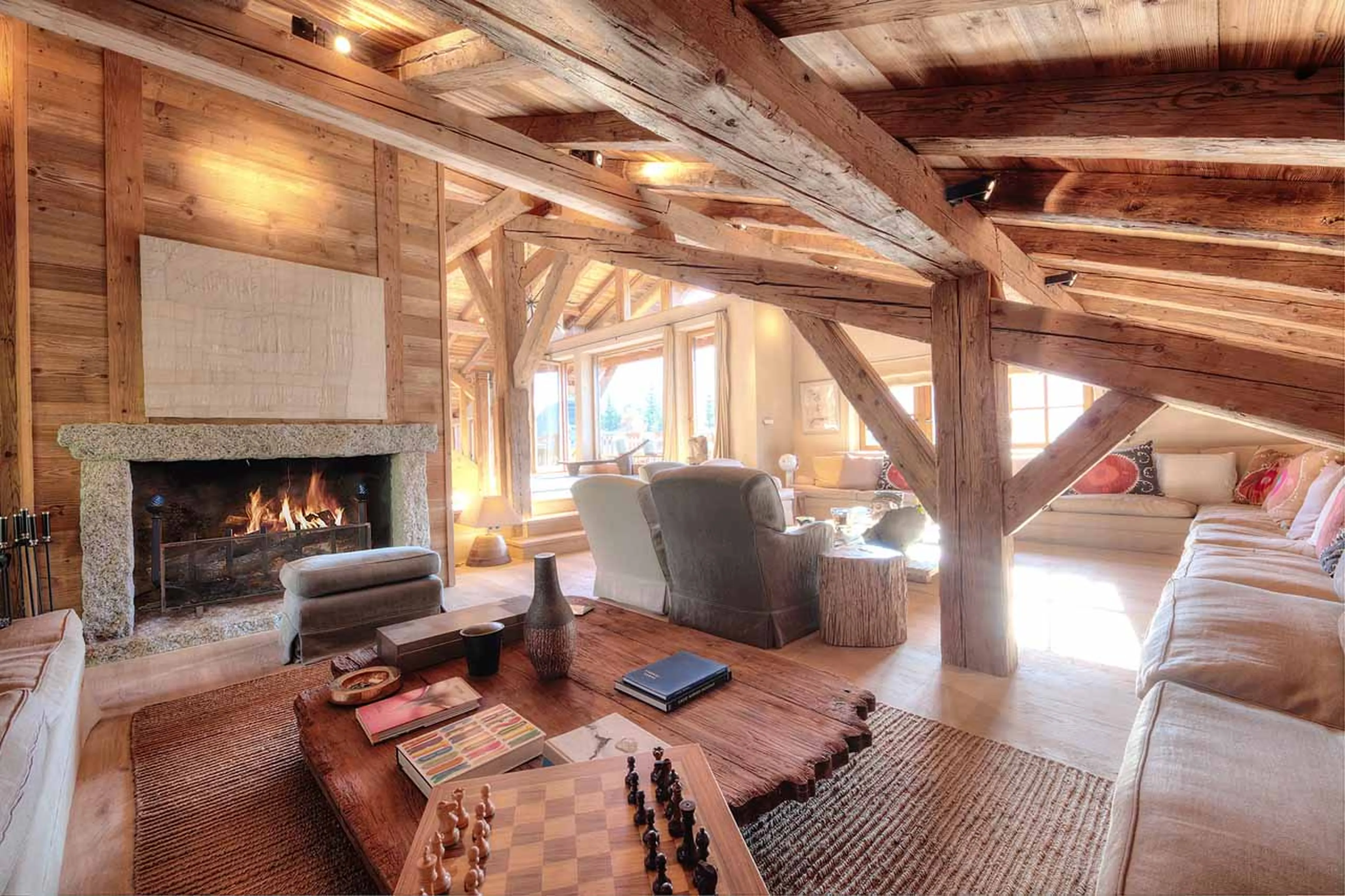 Living area fireplace at Chalet Tao in Megeve