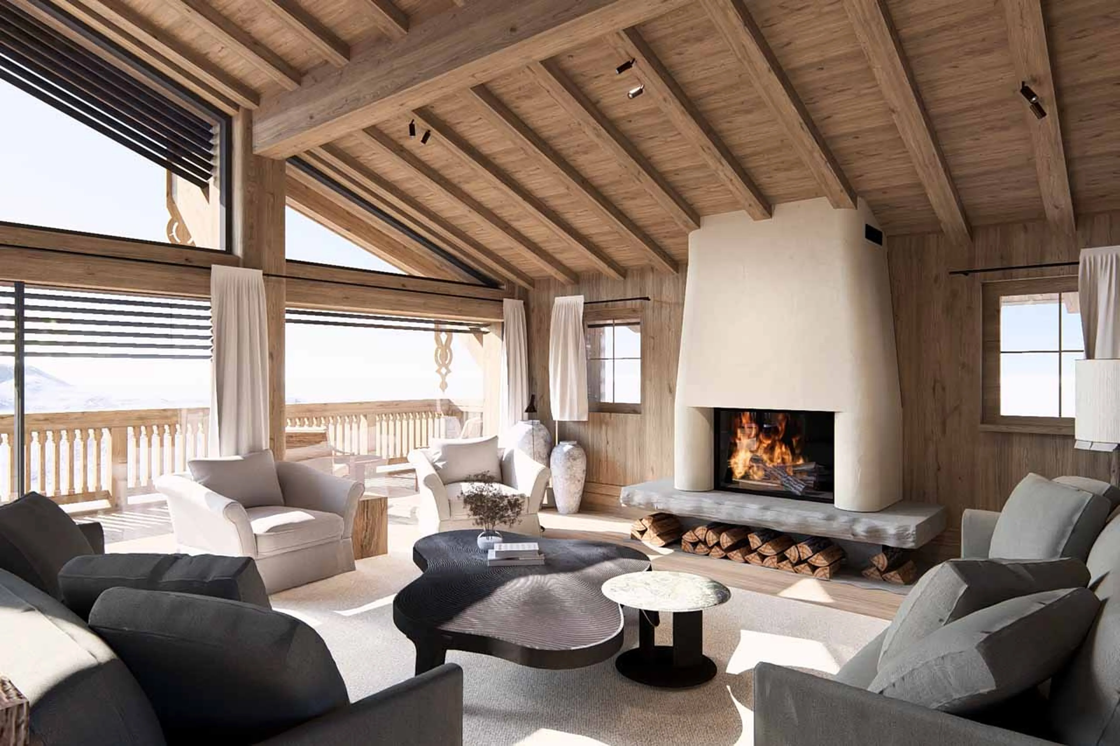 Living area fireplace at Chalet Tchadar in Courchevel 1850