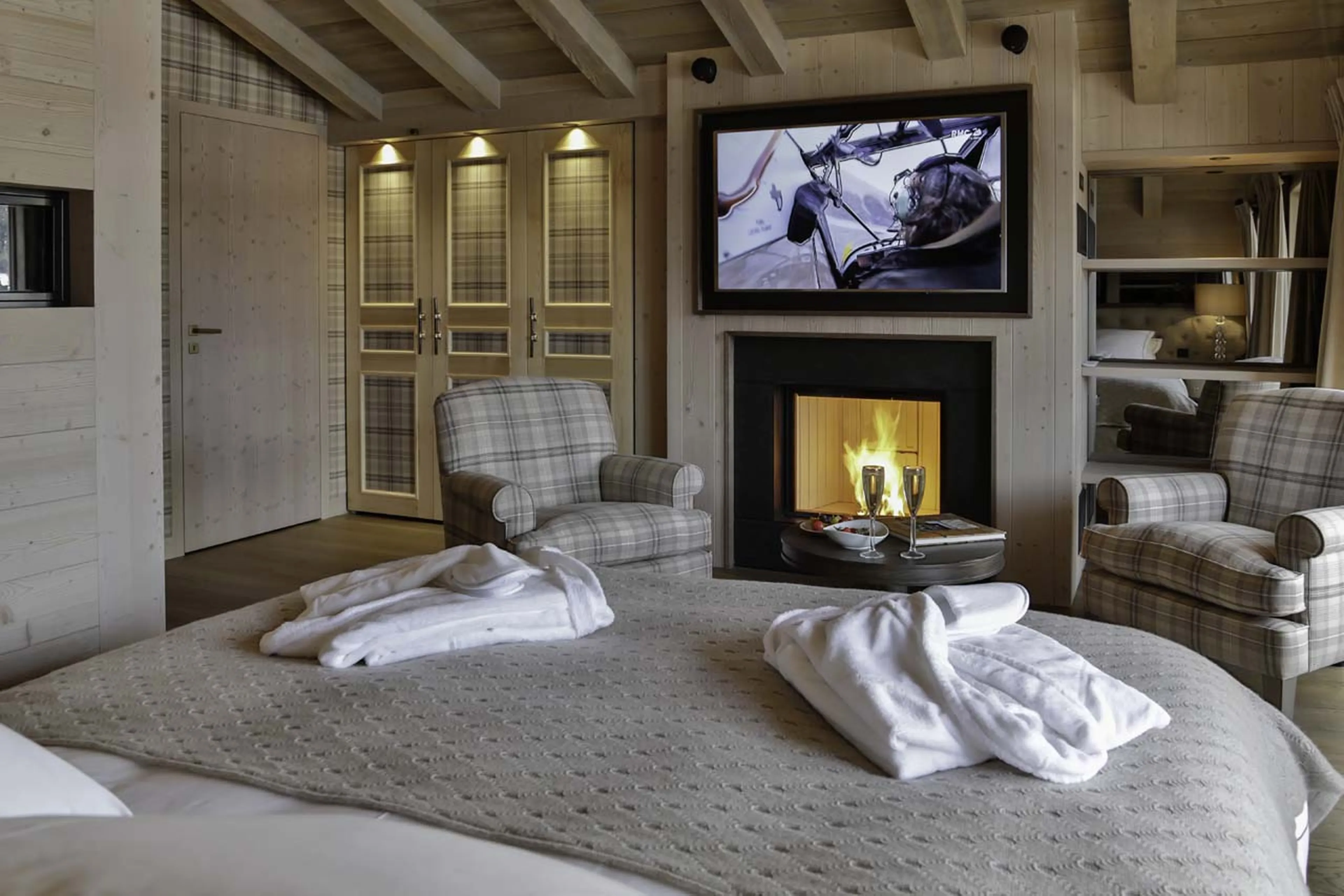 Fireplace in master bedroom of Chalet Thanasis in Megeve