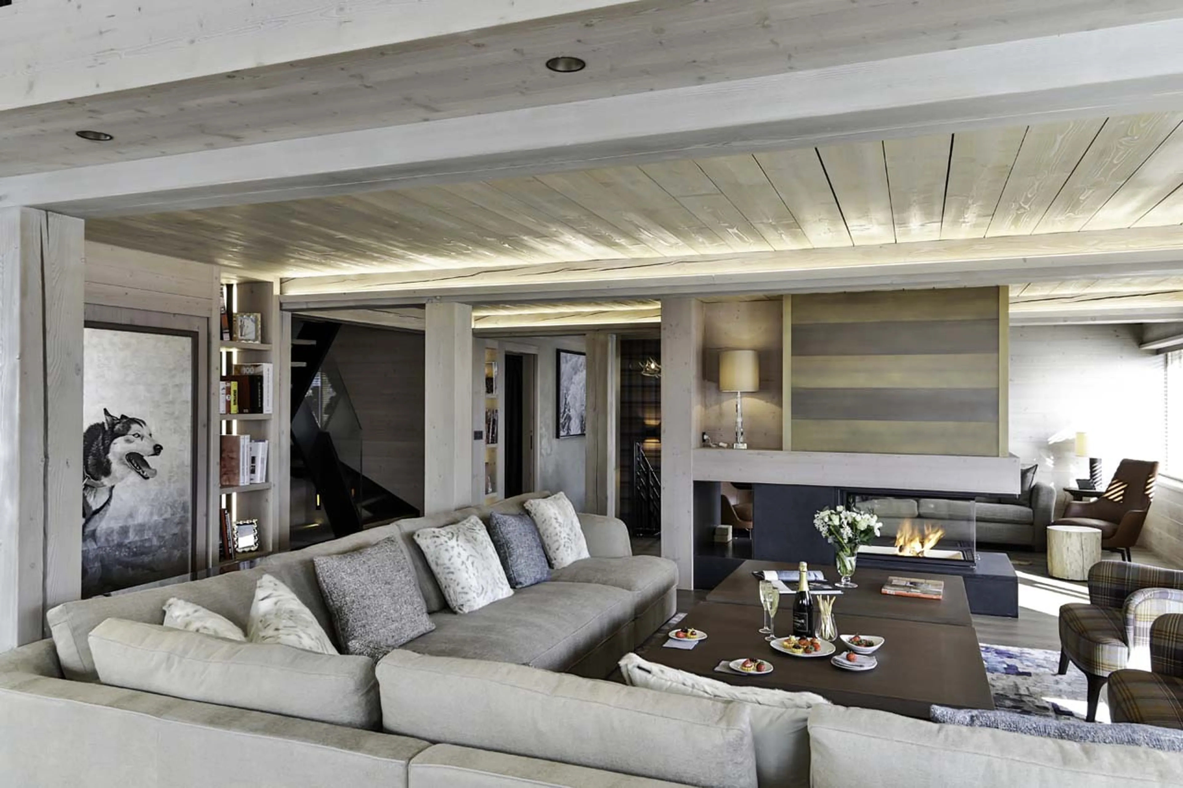 Fireplace in living room of Chalet Thanasis in Megeve