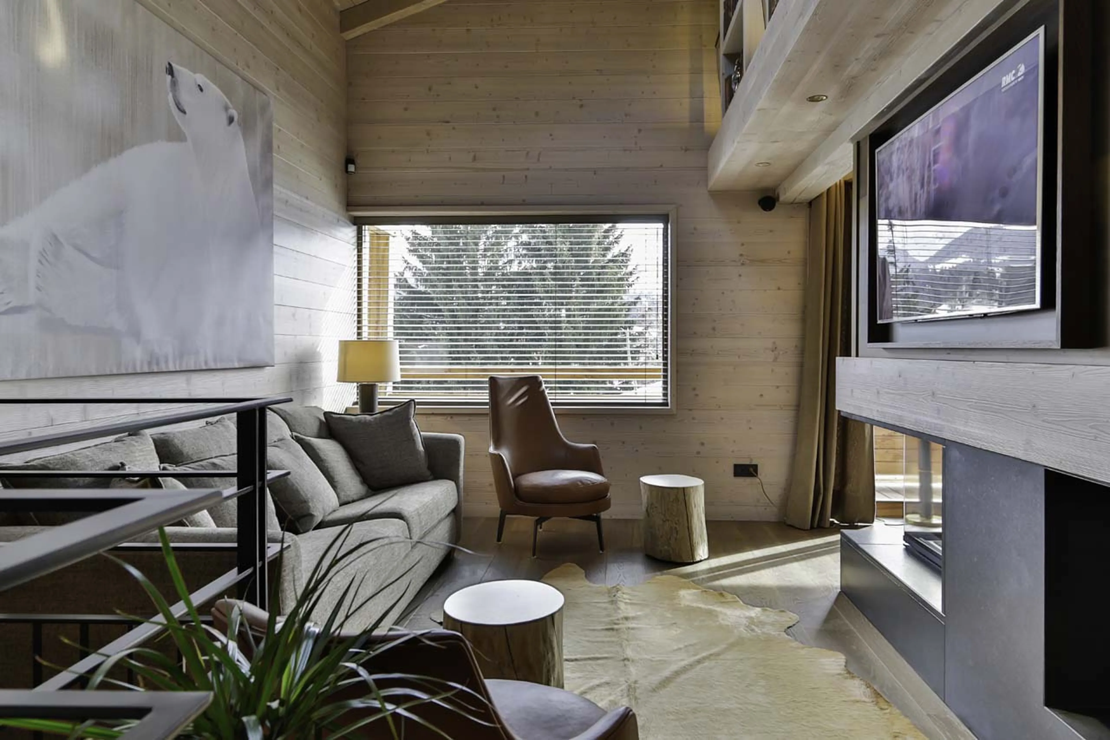 Sofa in TV area of Chalet Thanasis in Megeve