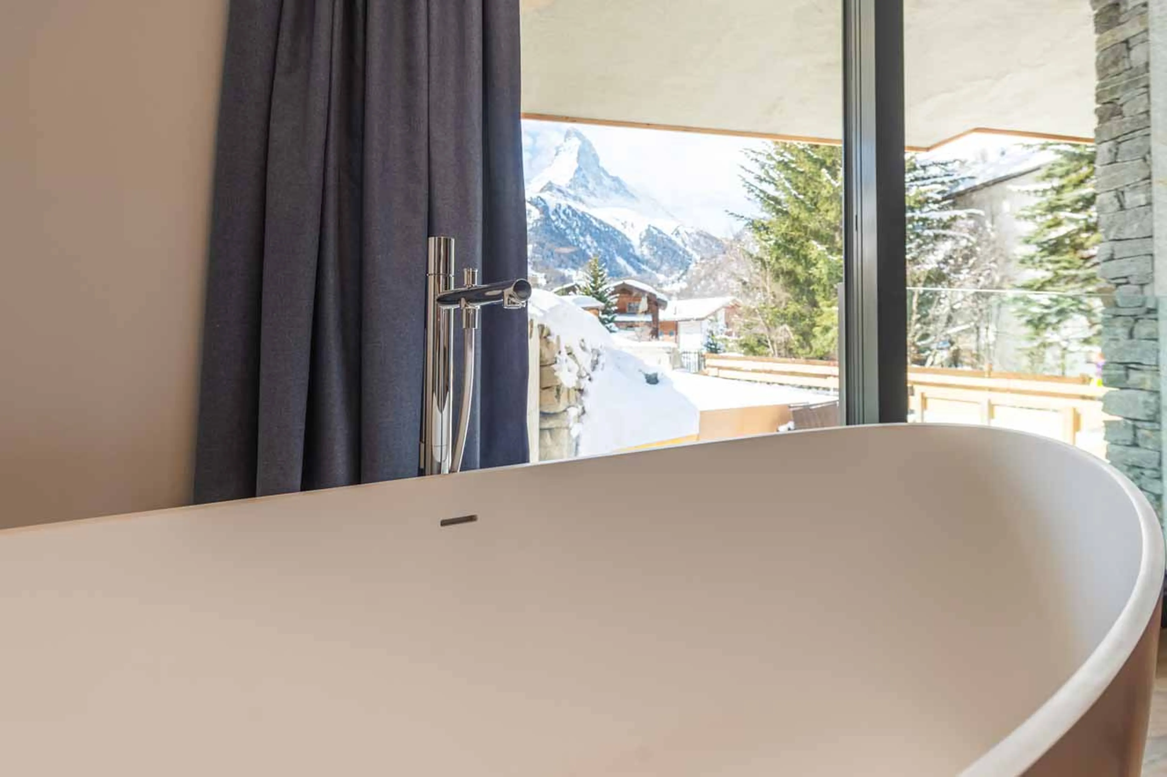 Matterhorn views from bedroom at Chalet Tuftra in Findelbach