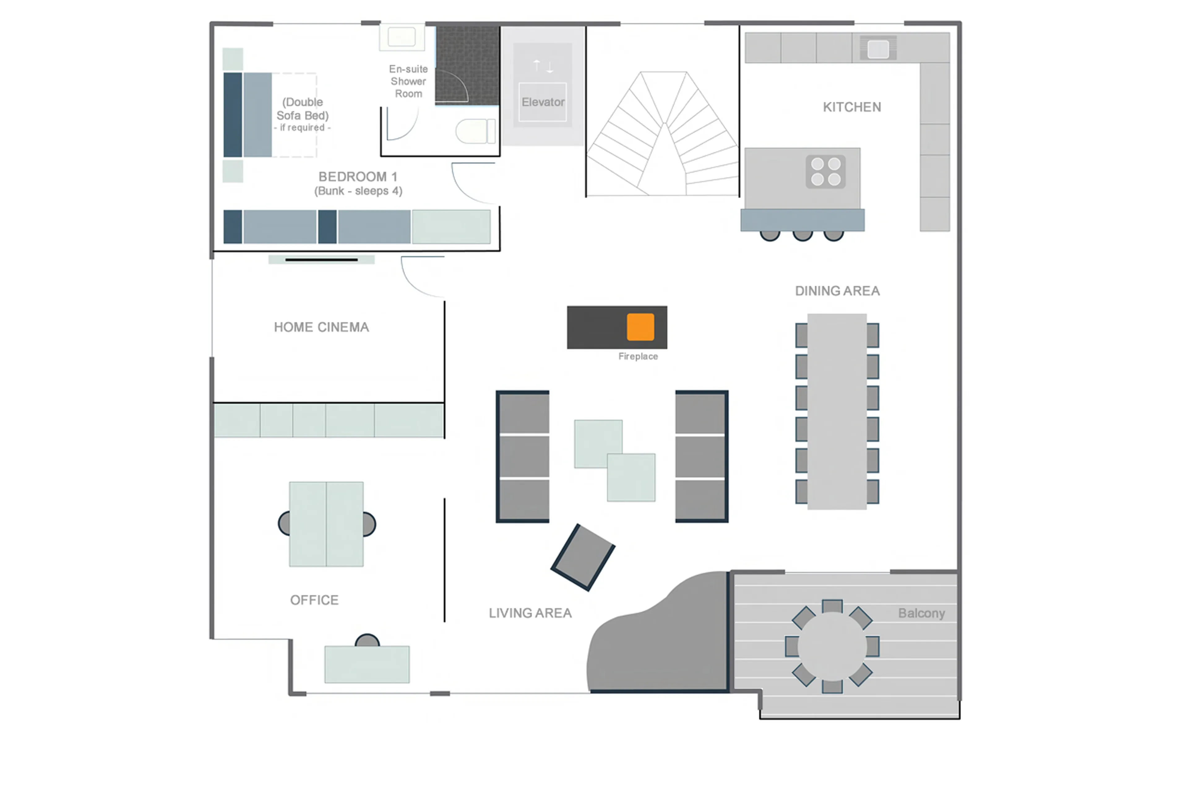 Upper level floor plan of Chalet Tuftra Findelbach in Zermatt