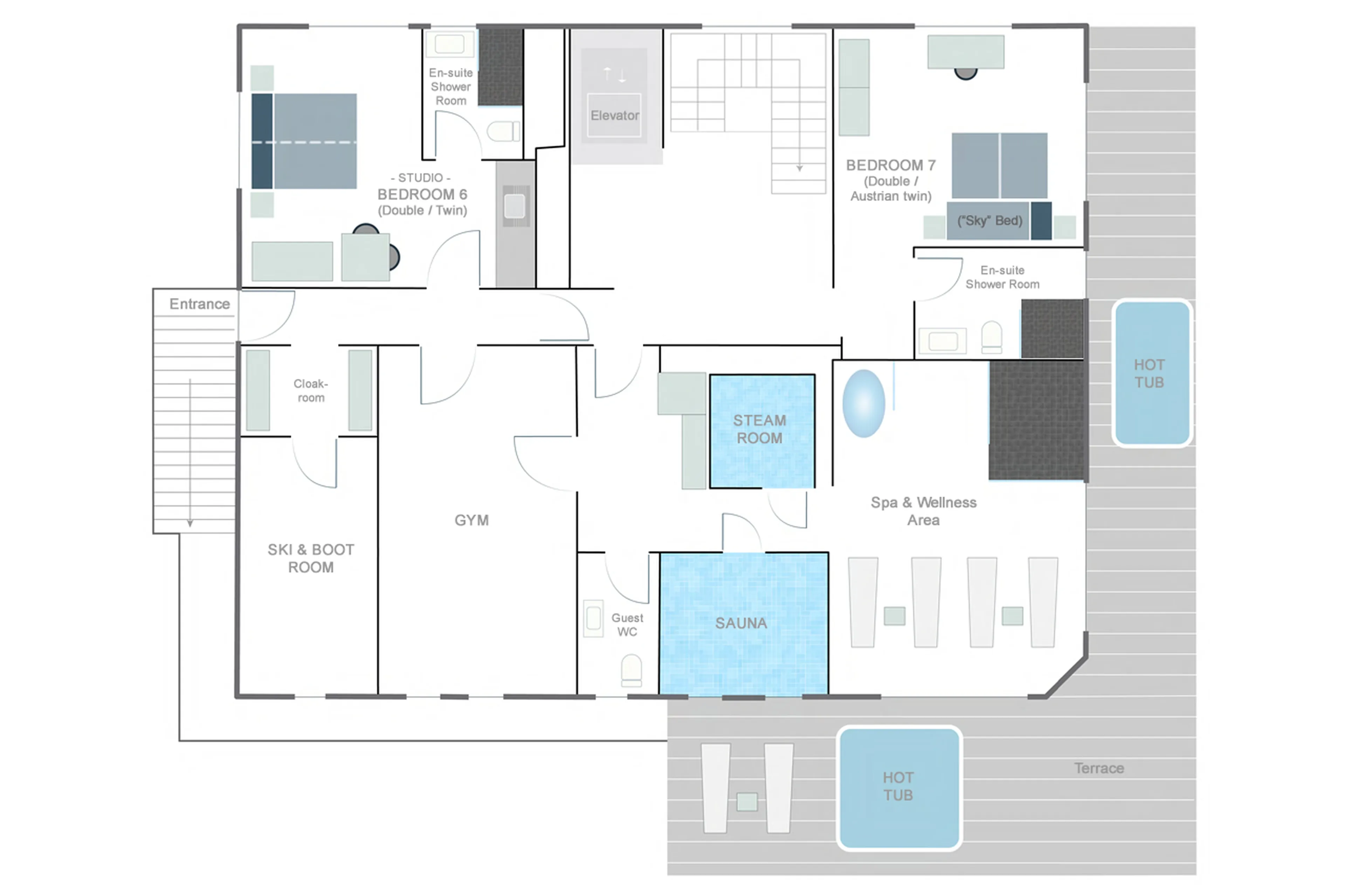 Lower ground floor plan of Chalet Tuftra Findelbach in Zermatt