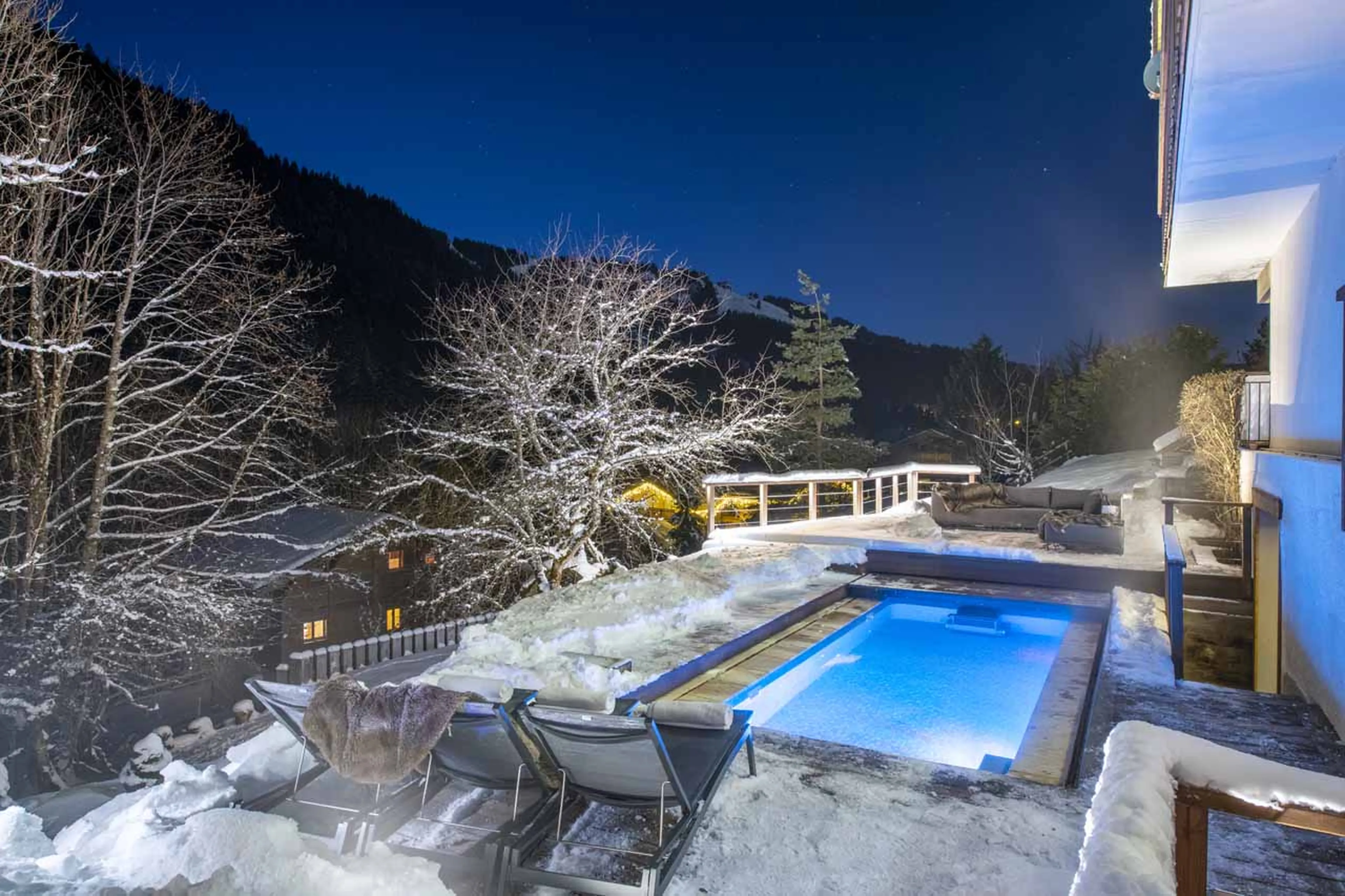 Pool at night at Chalet Twenty26 in Morzine
