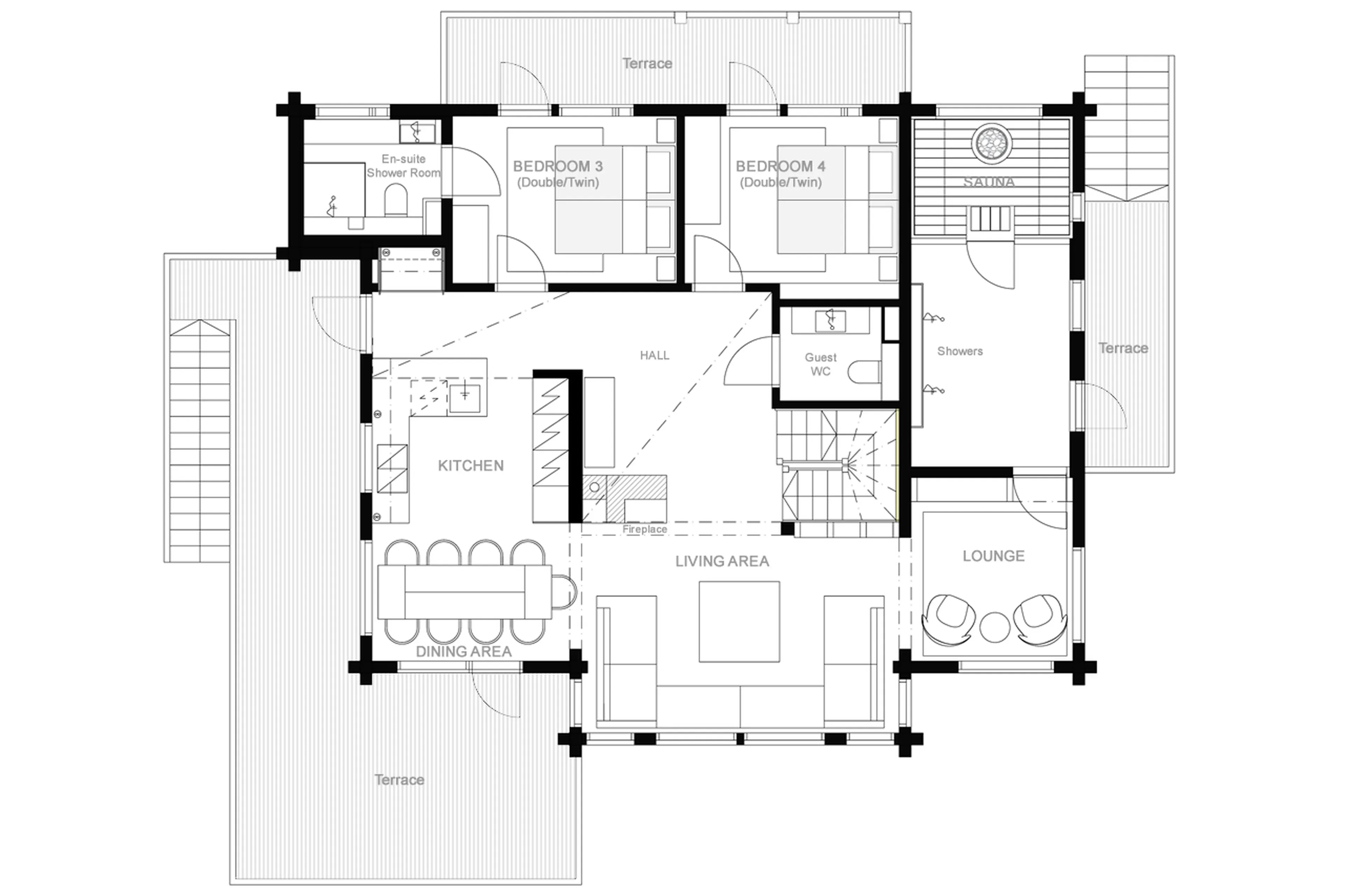 Level 1 floor plan of Chalet Utsu in Finland