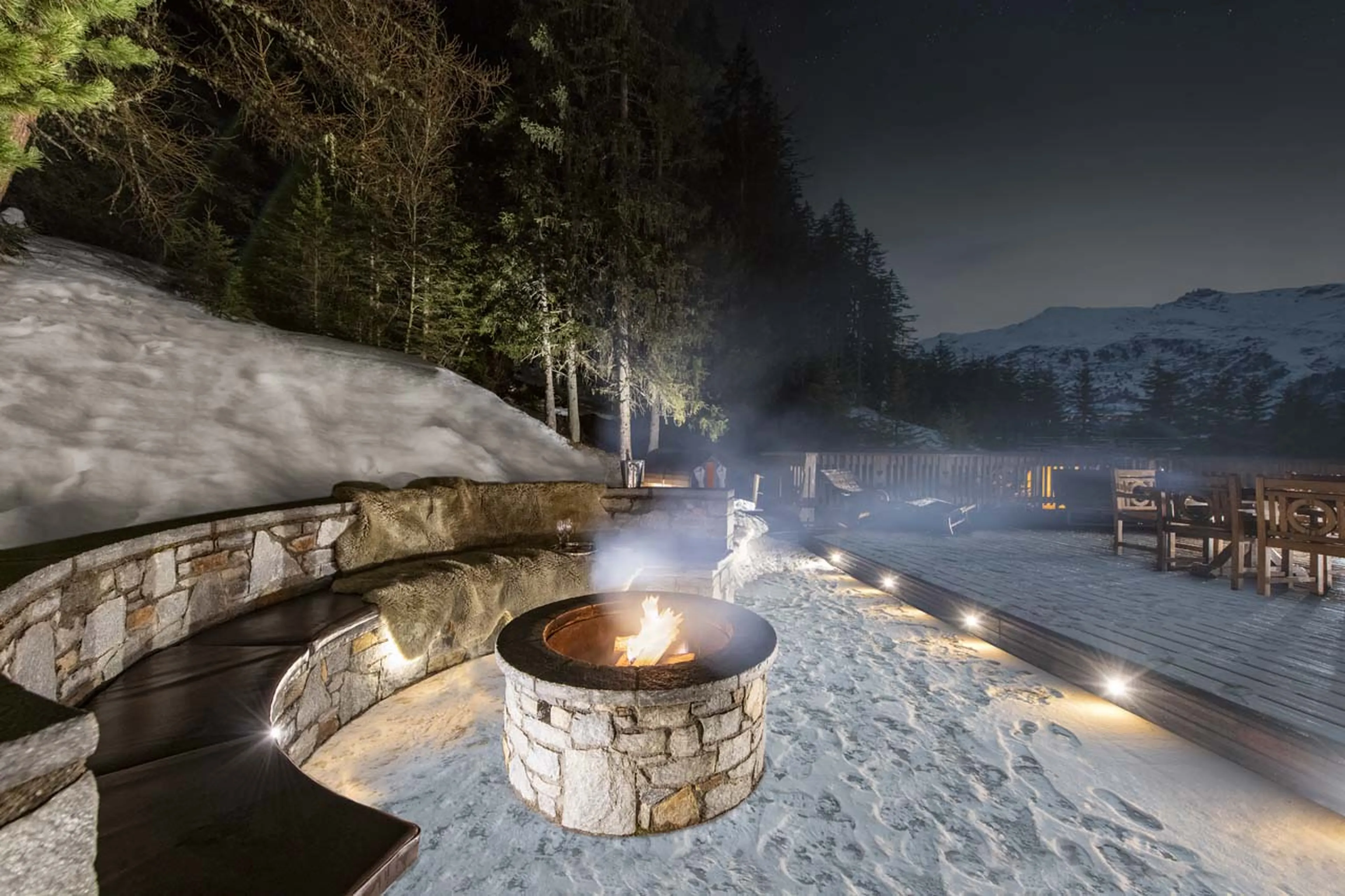 Terrace at night at Chalet Valentine in Meribel