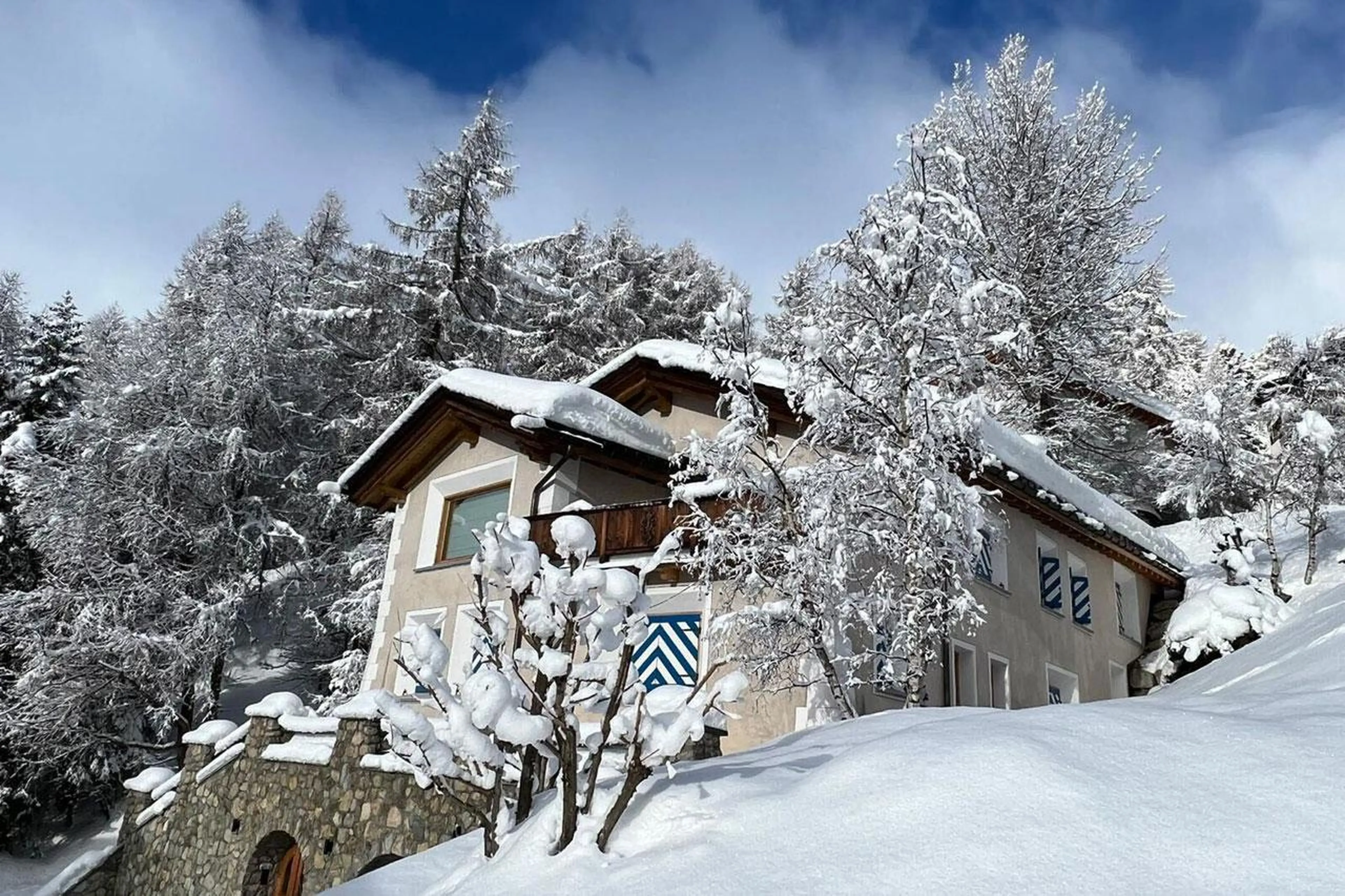 Exterior of Via Brattas in St Moritz in the snow